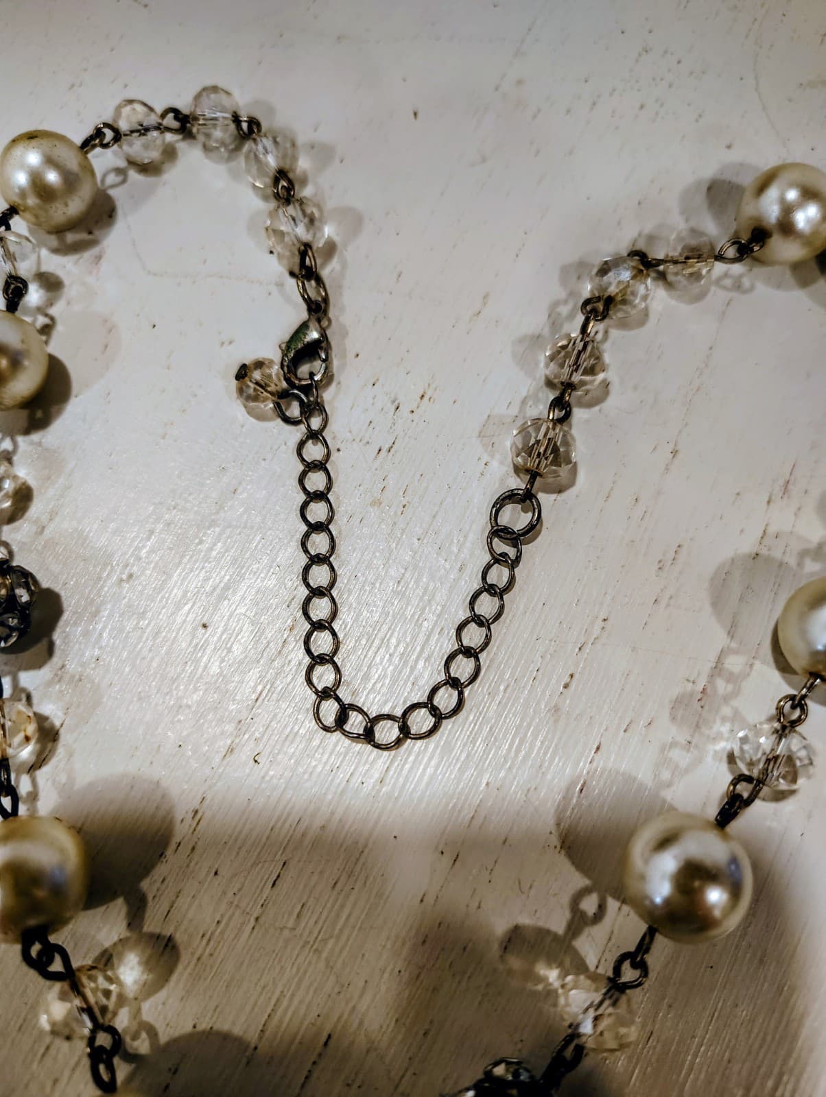 Faux Pearl Chain Necklace, Silver Tone, Rhinestones EUC - Thumbnail 6