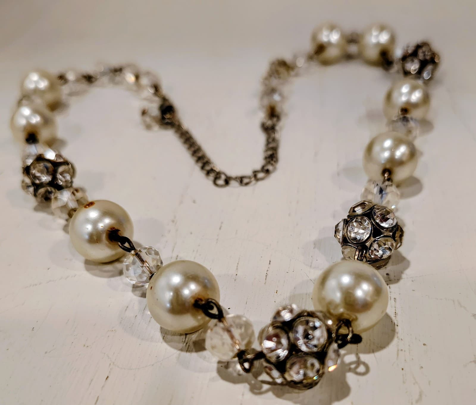 Faux Pearl Chain Necklace, Silver Tone, Rhinestones EUC