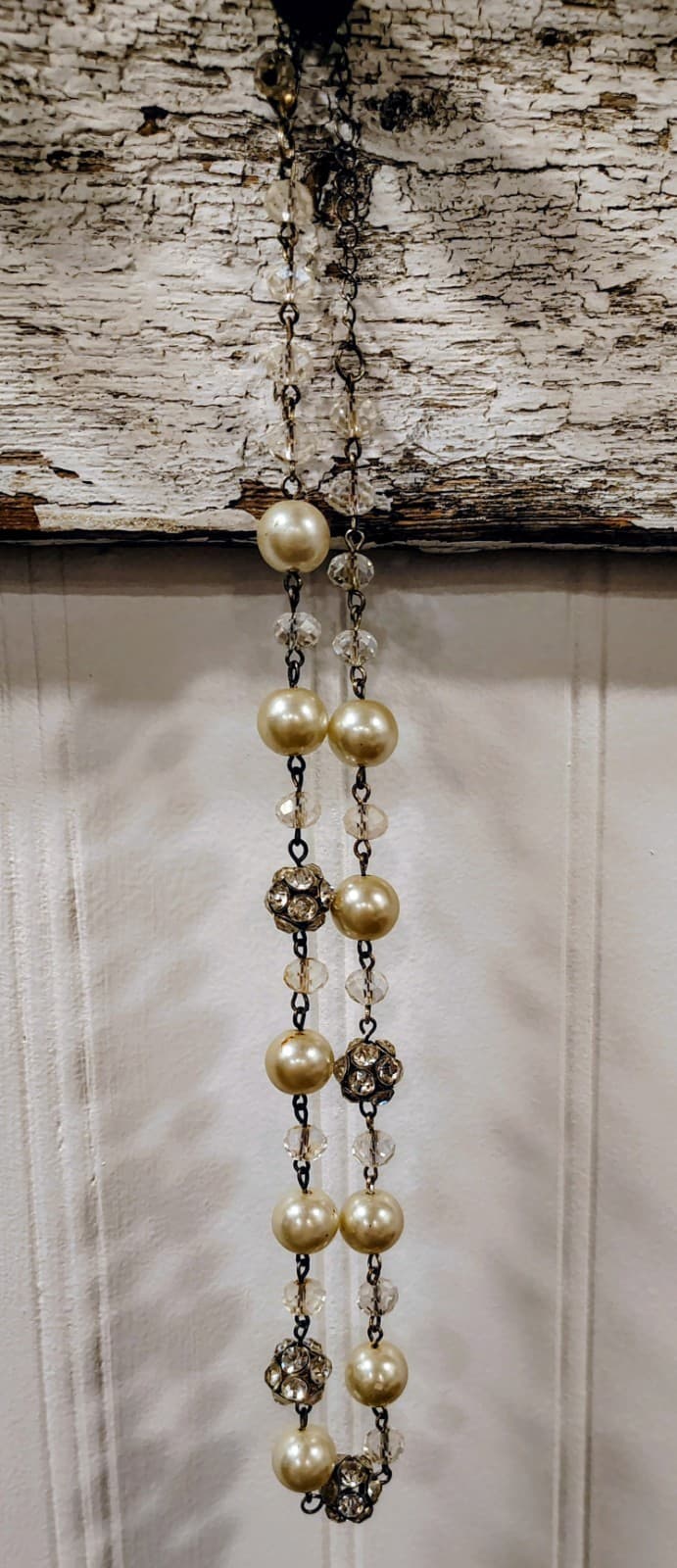 Faux Pearl Chain Necklace, Silver Tone, Rhinestones EUC - Thumbnail 4