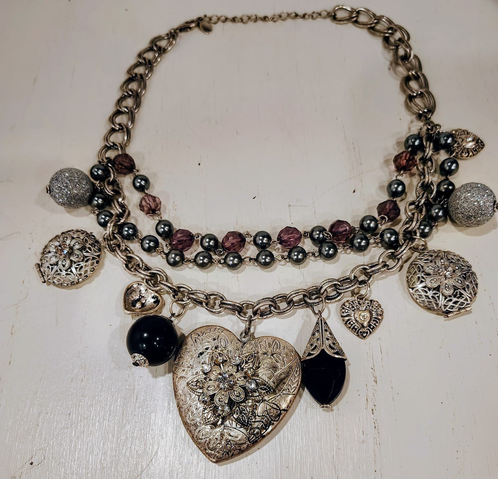 Boho Chic Vintage Style 3 Layer Silver Metal Bling Necklace Lockets