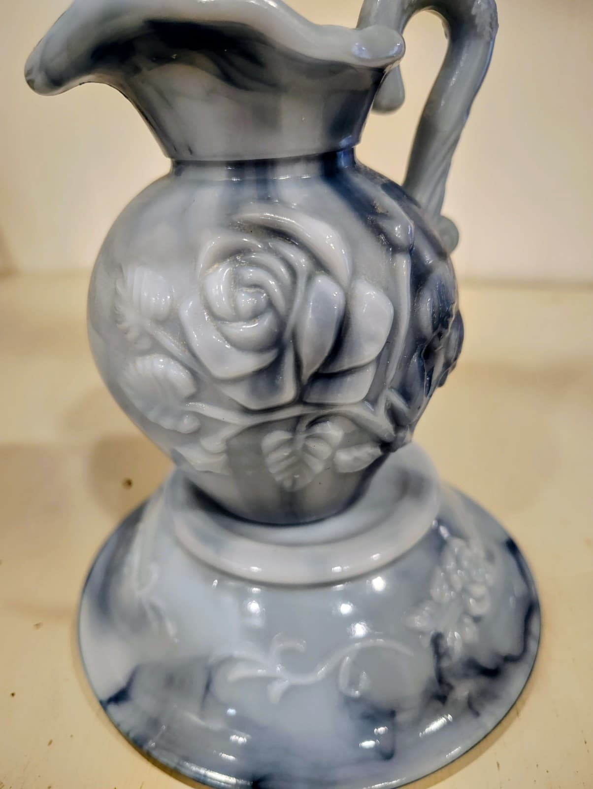 Vintage 1978 Avon Victoriana decanter BLUE SLAG MILK GLASS, pitcher & bowl - Thumbnail 9