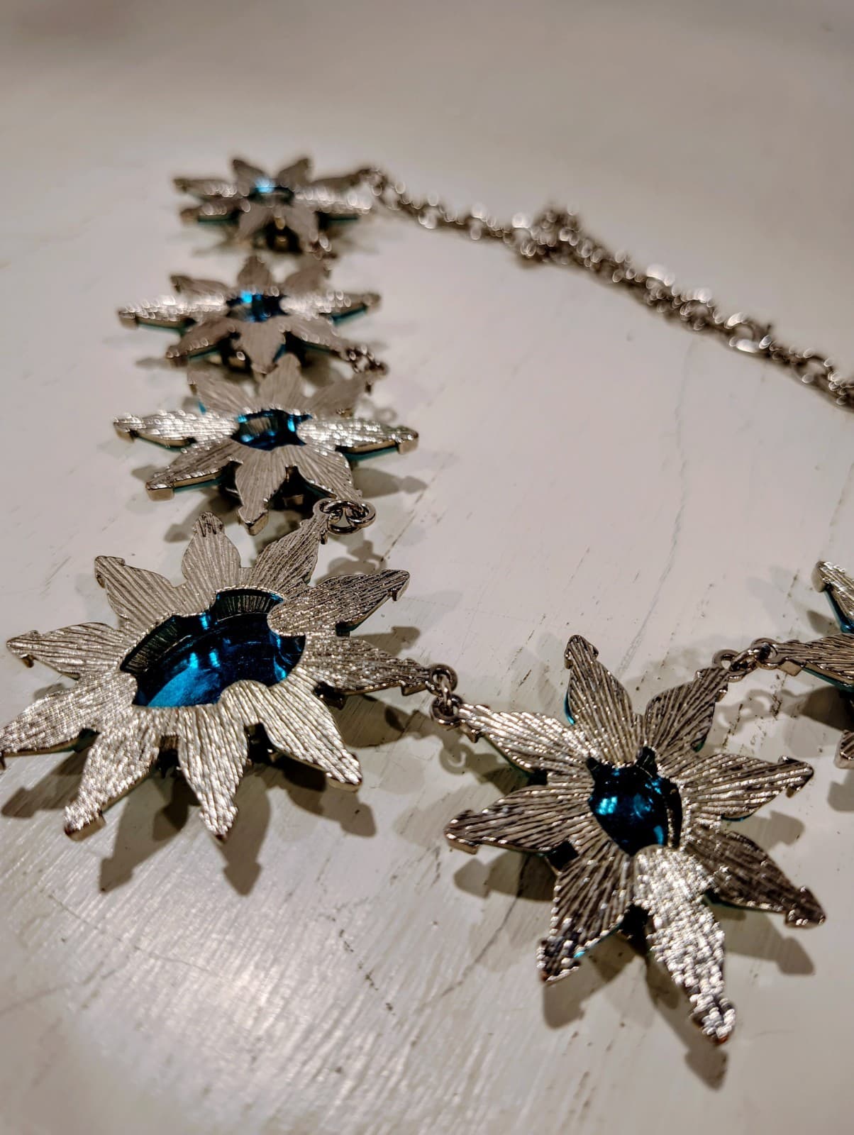 Aqua Blue Jeweled Gypsy Starburst Silver Necklace, Boho, Statement, EUC - Thumbnail 8