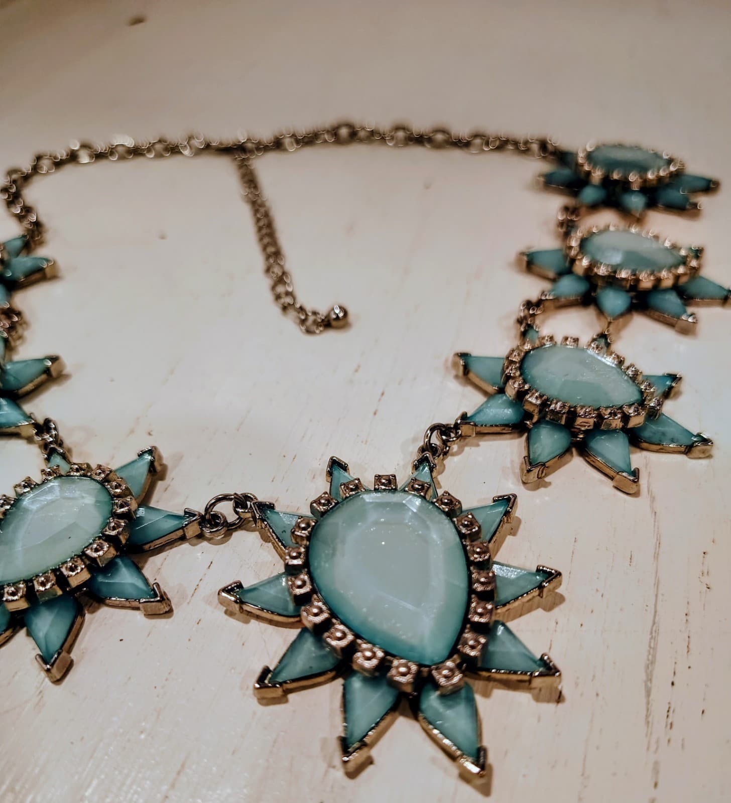 Aqua Blue Jeweled Gypsy Starburst Silver Necklace, Boho, Statement, EUC - Thumbnail 3