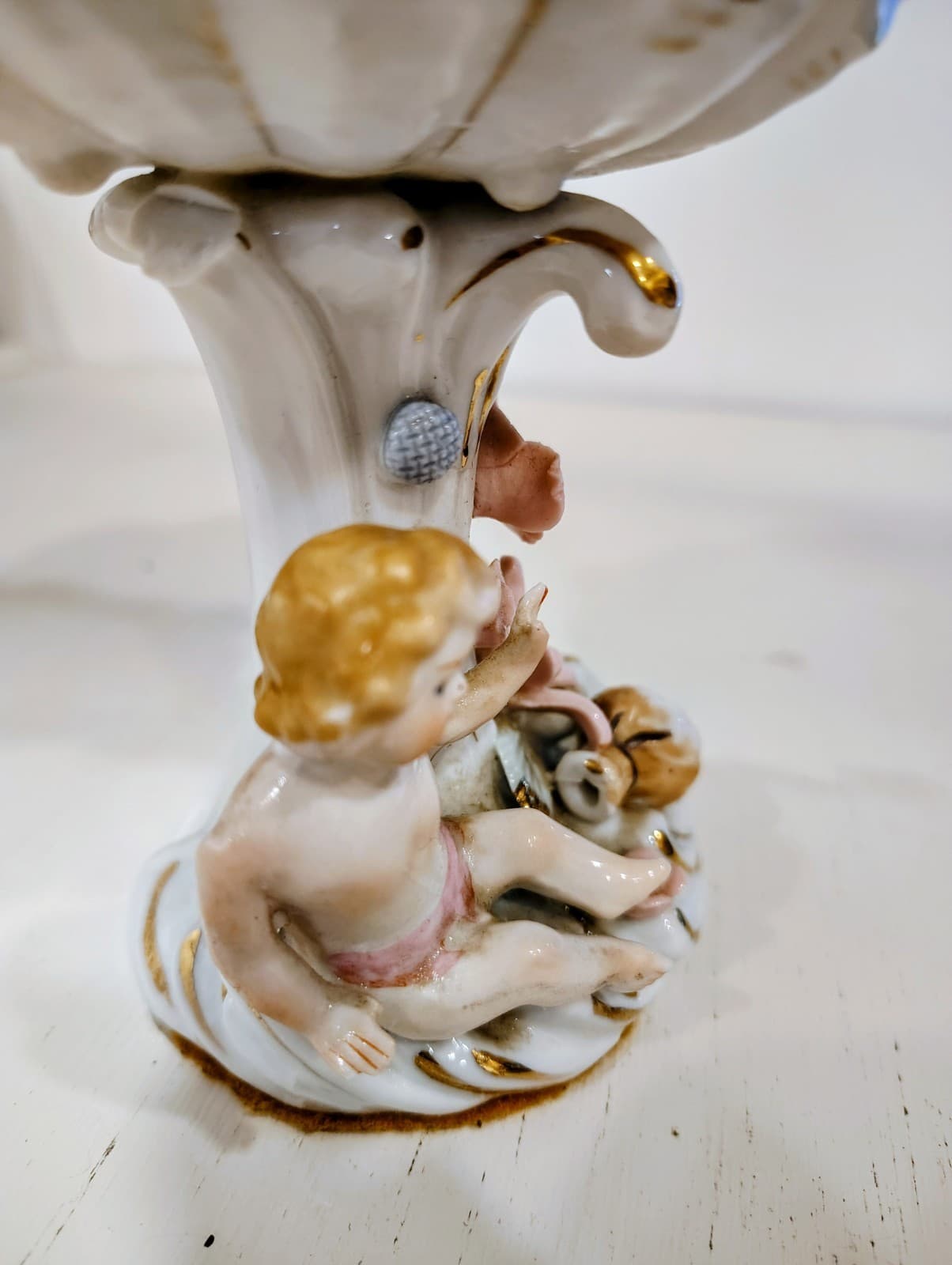 Antique Embossed floral, Cherubs, porcelain Tall compote Bowl - Thumbnail 9