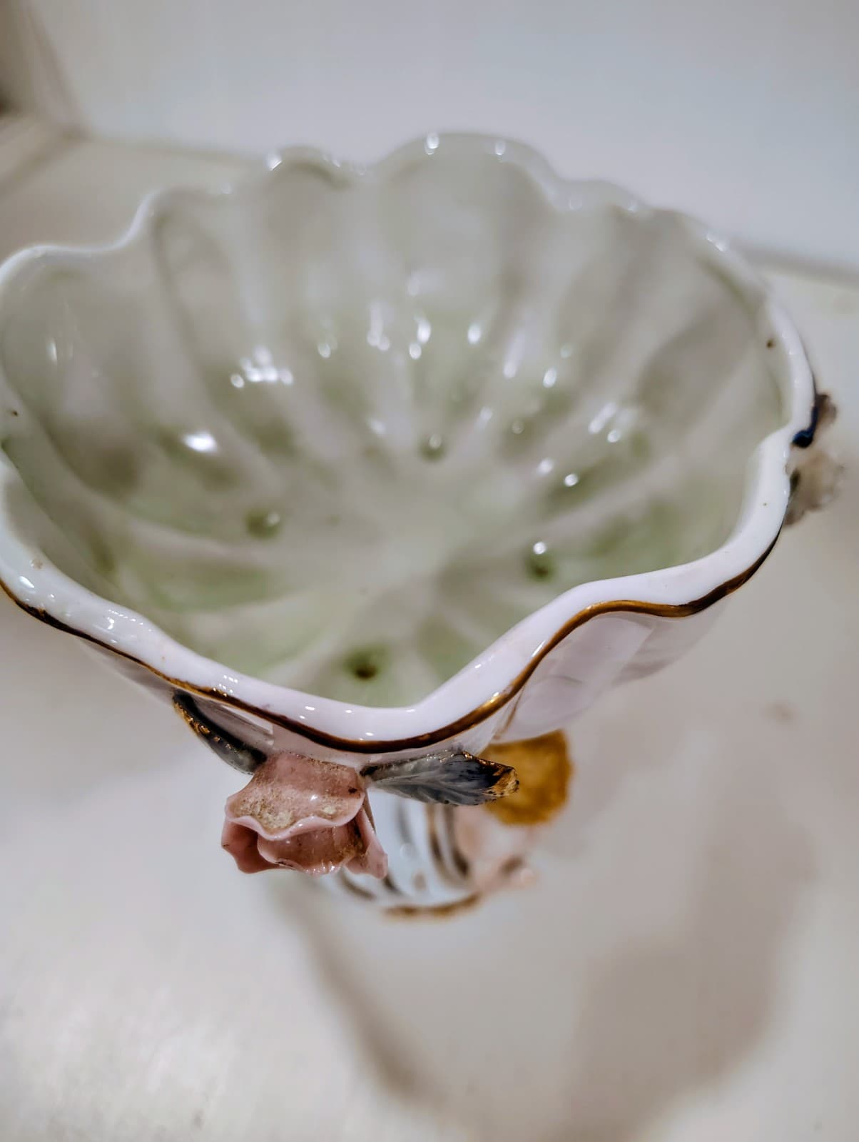Antique Embossed floral, Cherubs, porcelain Tall compote Bowl - Thumbnail 4