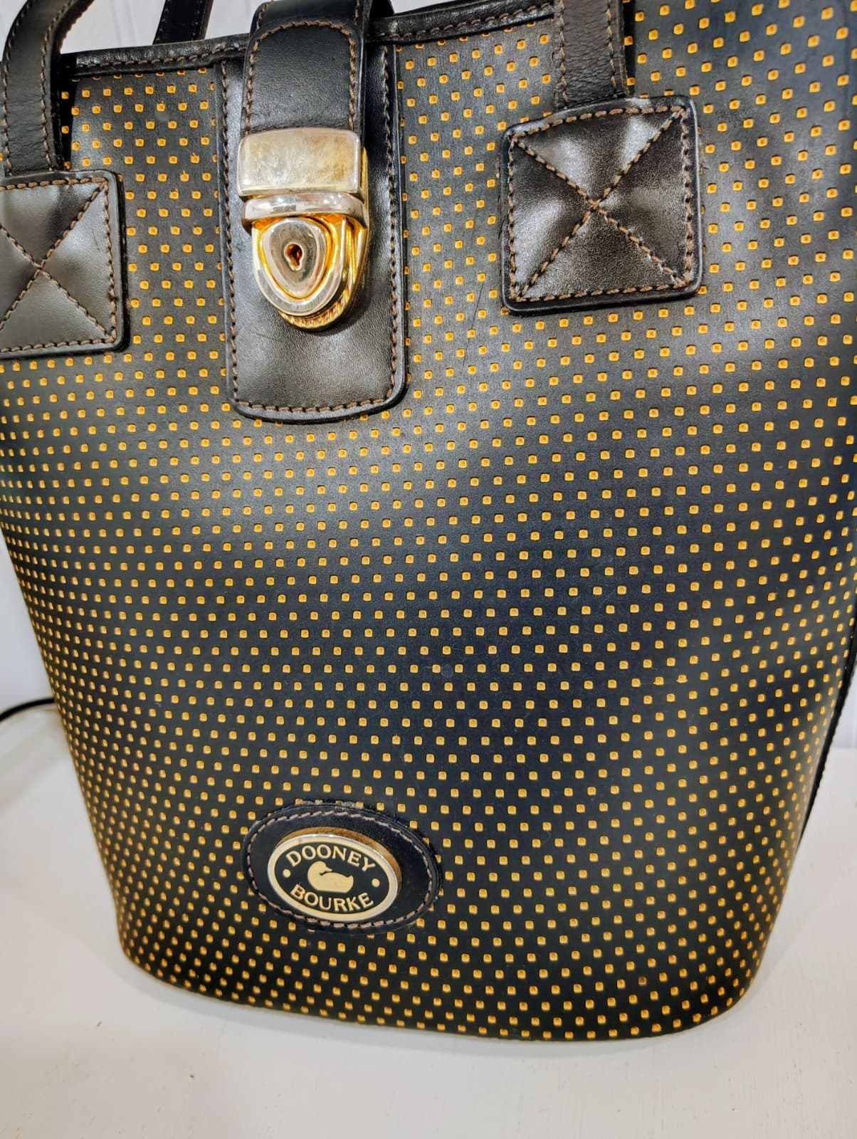 Vintage Dooney & Bourke Polka Dot Yellow Bucket Shoulder Bag Gold Hardware Clasp - Thumbnail 16