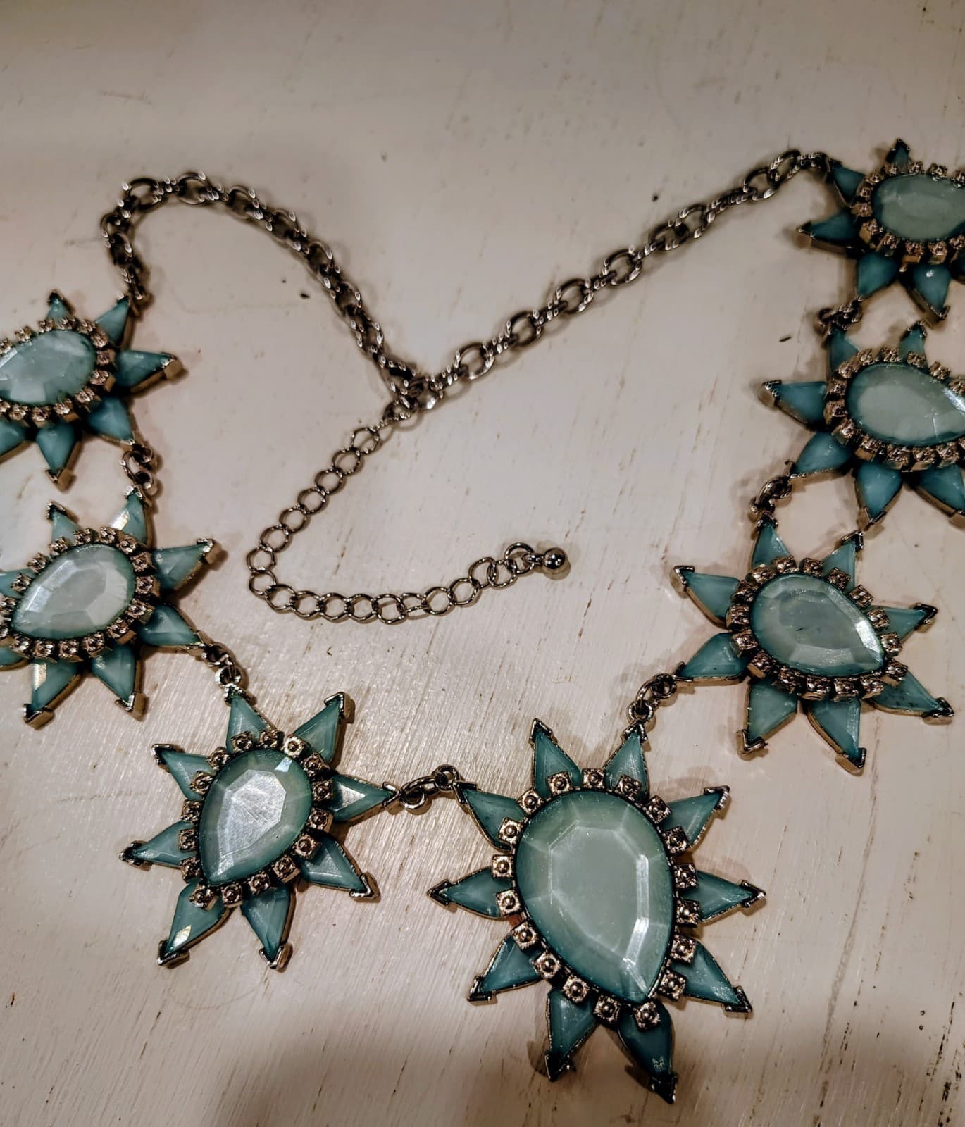 Aqua Blue Jeweled Gypsy Starburst Silver Necklace, Boho, Statement, EUC - Thumbnail 5