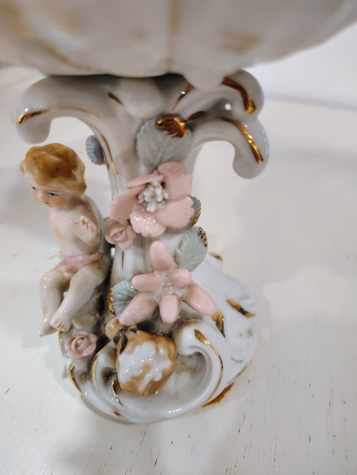 Antique Embossed floral, Cherubs, porcelain Tall compote Bowl - Thumbnail 7