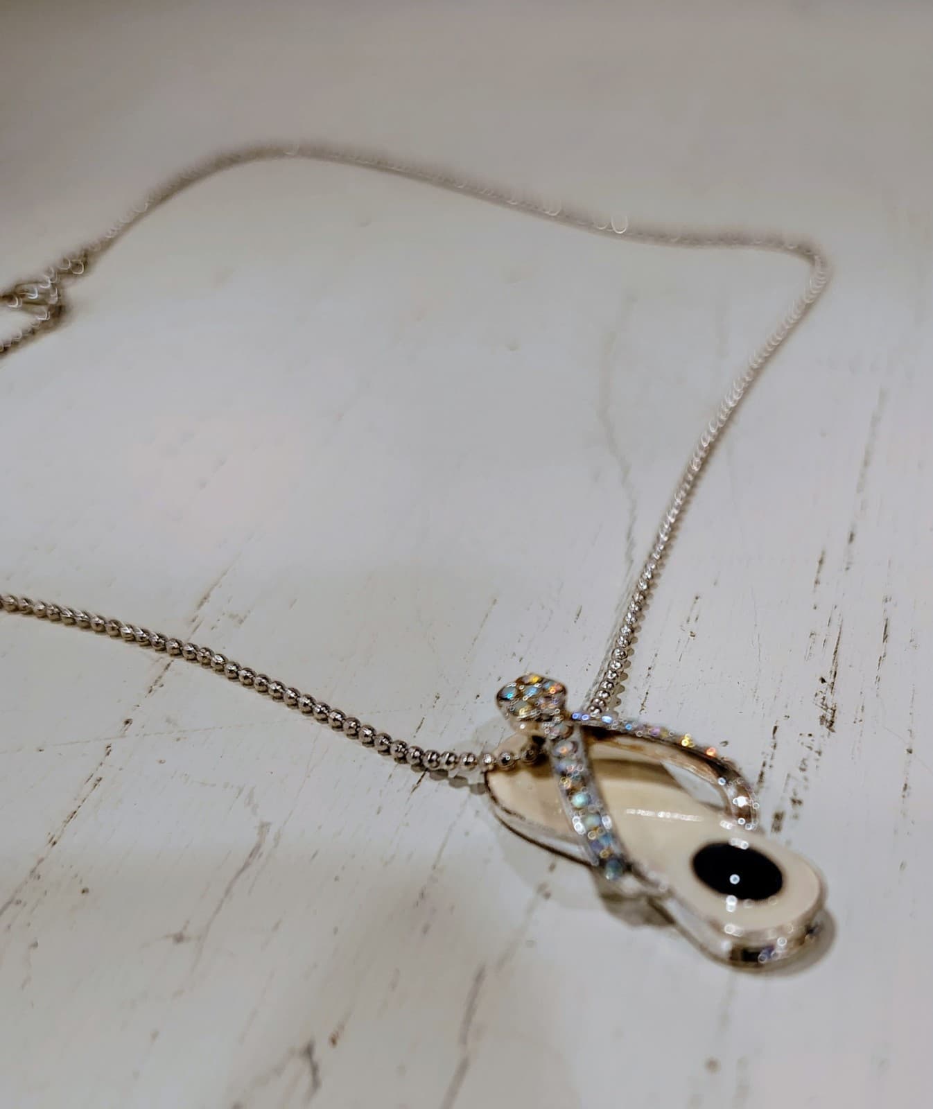 Silver Flip Flop Charm, Necklace, Rhinestones, 8" Silver Chain EUC