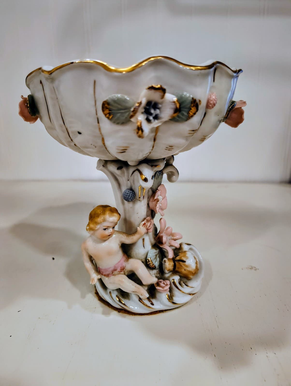 Antique Embossed floral, Cherubs, porcelain Tall compote Bowl