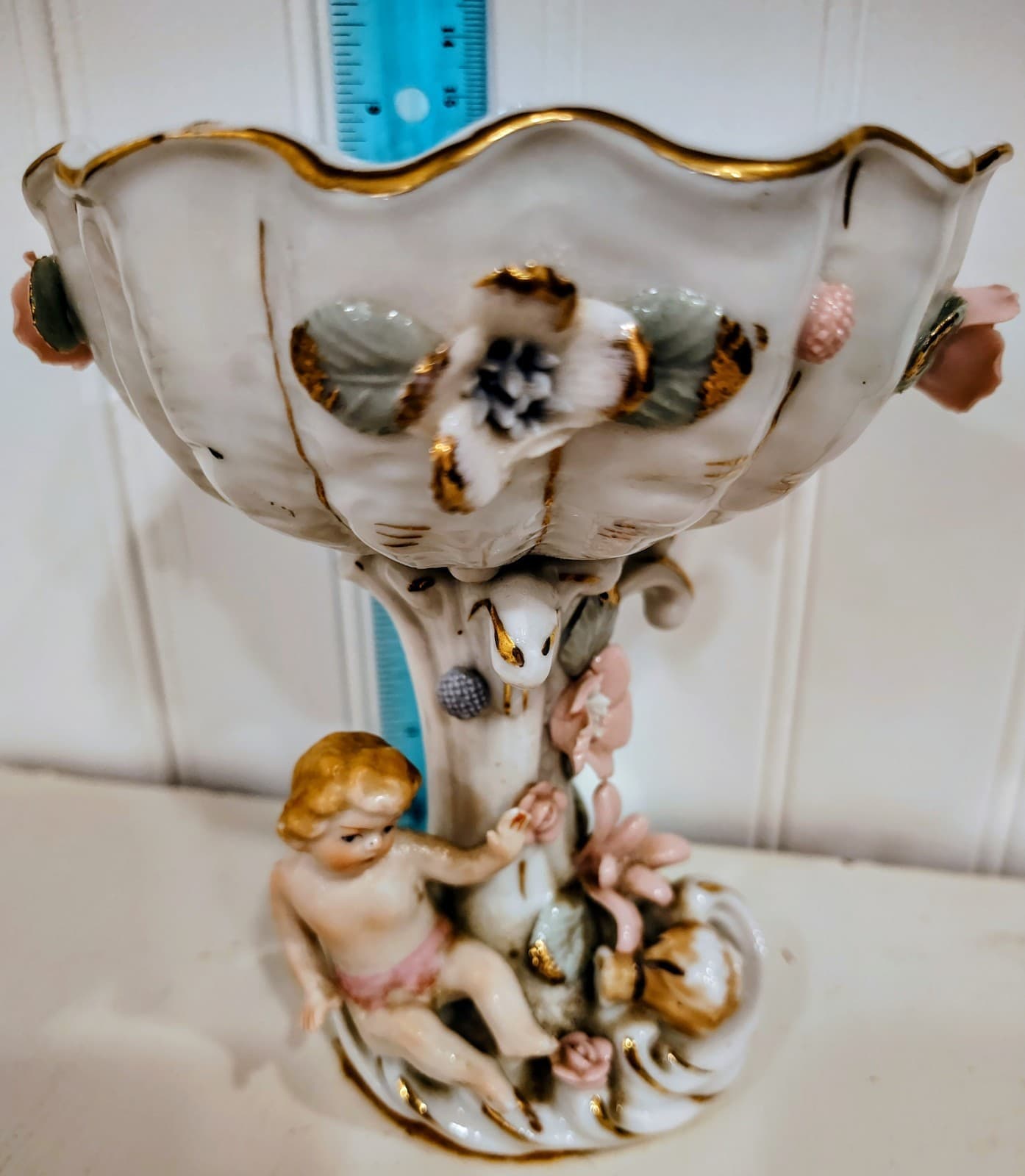 Antique Embossed floral, Cherubs, porcelain Tall compote Bowl - Thumbnail 14