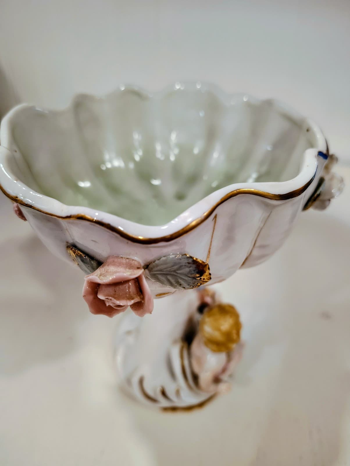 Antique Embossed floral, Cherubs, porcelain Tall compote Bowl - Thumbnail 3