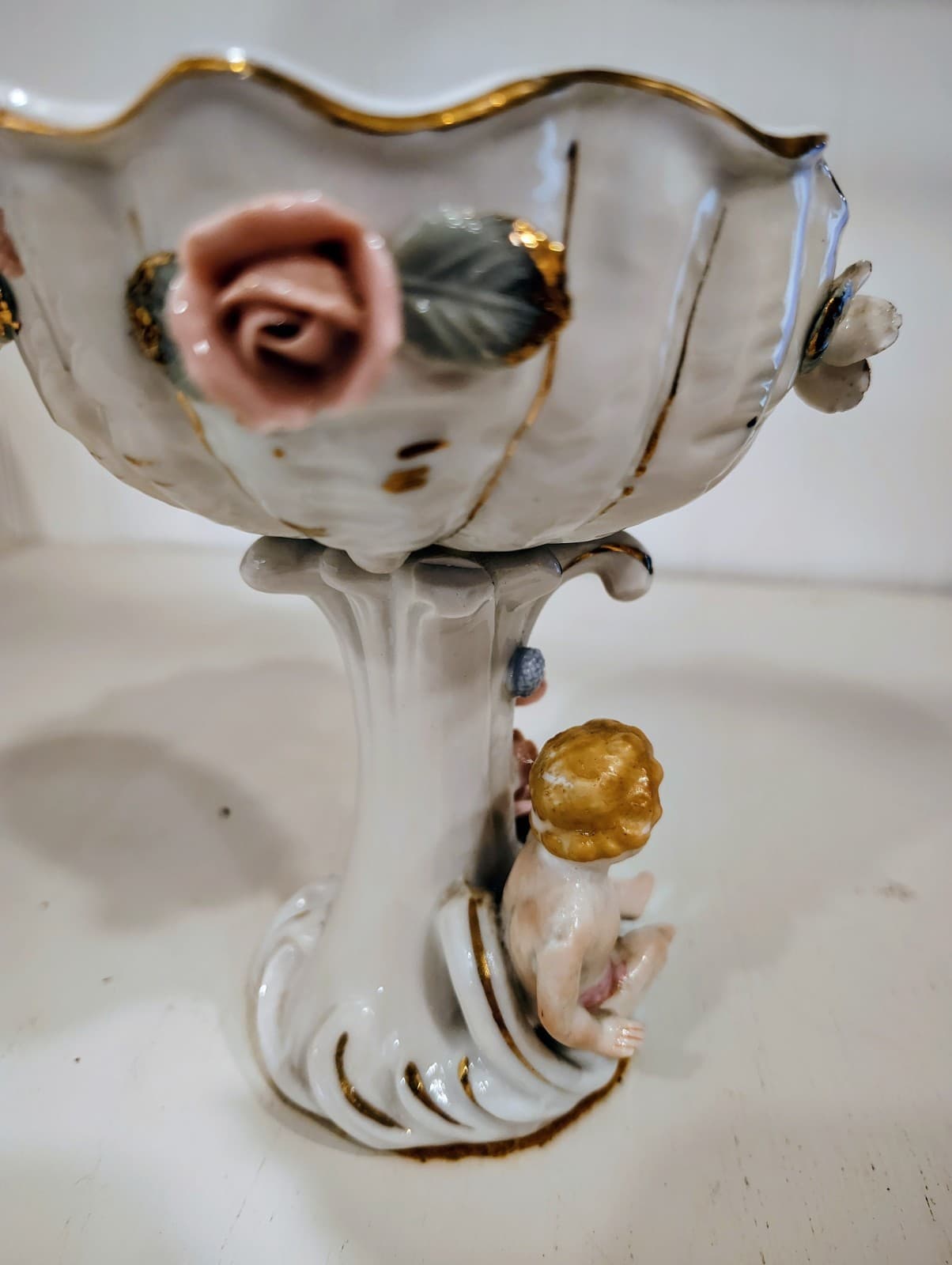 Antique Embossed floral, Cherubs, porcelain Tall compote Bowl - Thumbnail 2