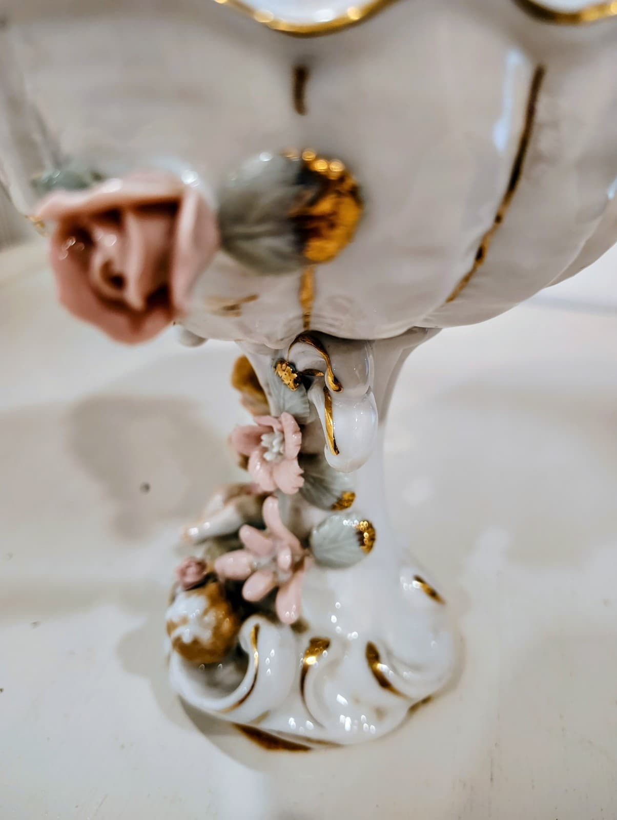 Antique Embossed floral, Cherubs, porcelain Tall compote Bowl - Thumbnail 6