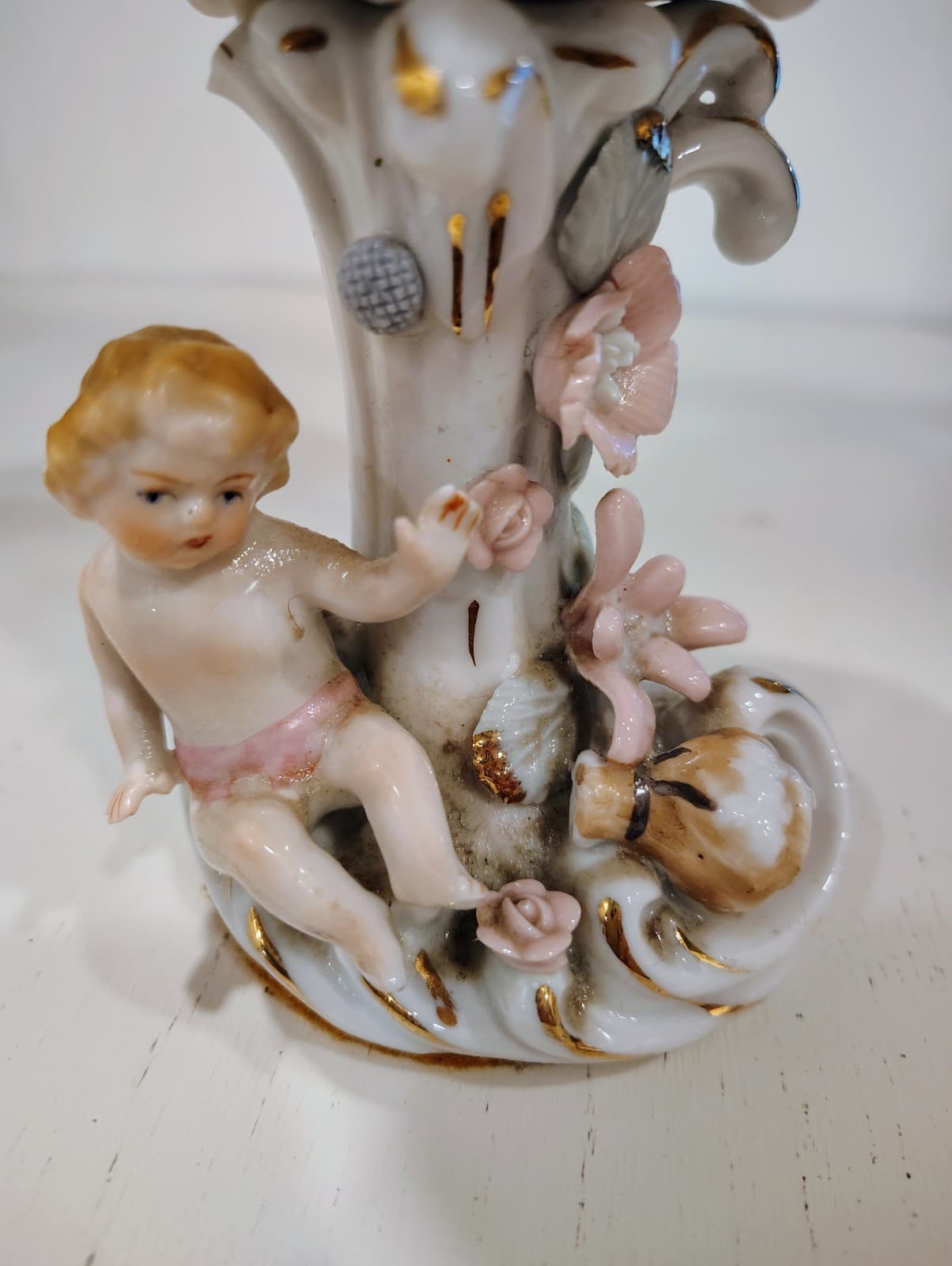 Antique Embossed floral, Cherubs, porcelain Tall compote Bowl - Thumbnail 8