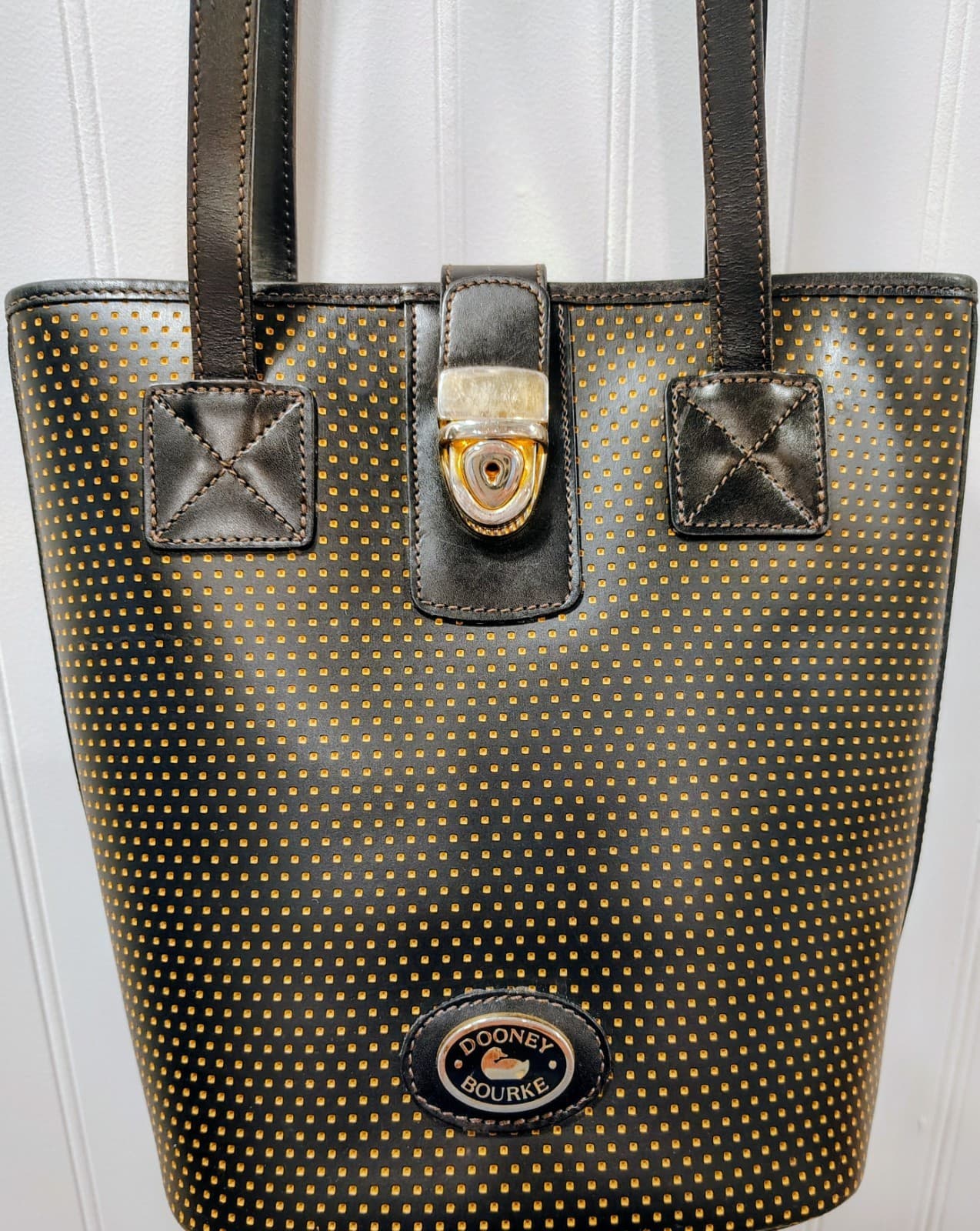 Vintage Dooney & Bourke Polka Dot Yellow Bucket Shoulder Bag Gold Hardware Clasp