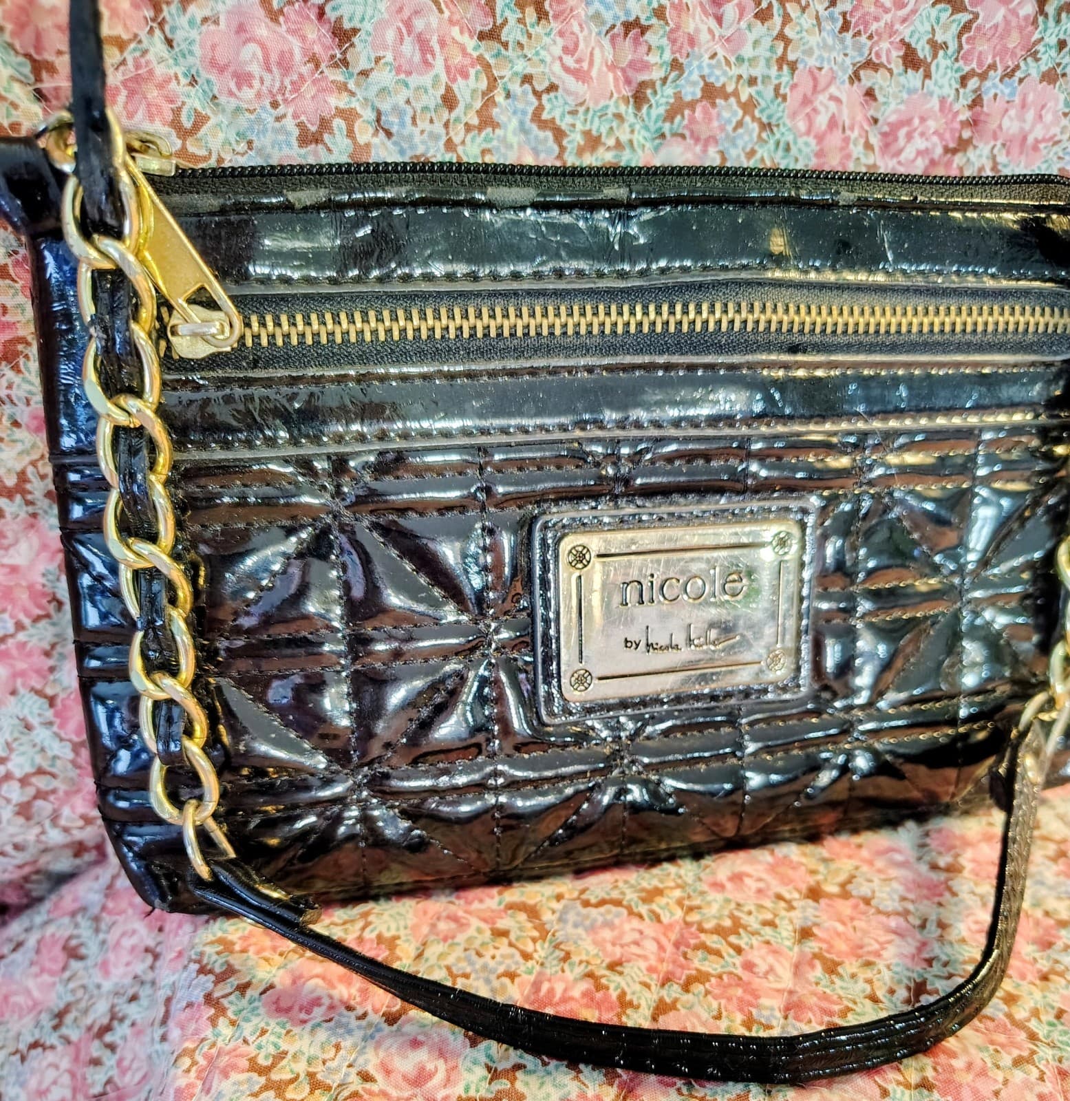 Nicole Miller Black Patent Bag Gold Chain Strap - Thumbnail 8