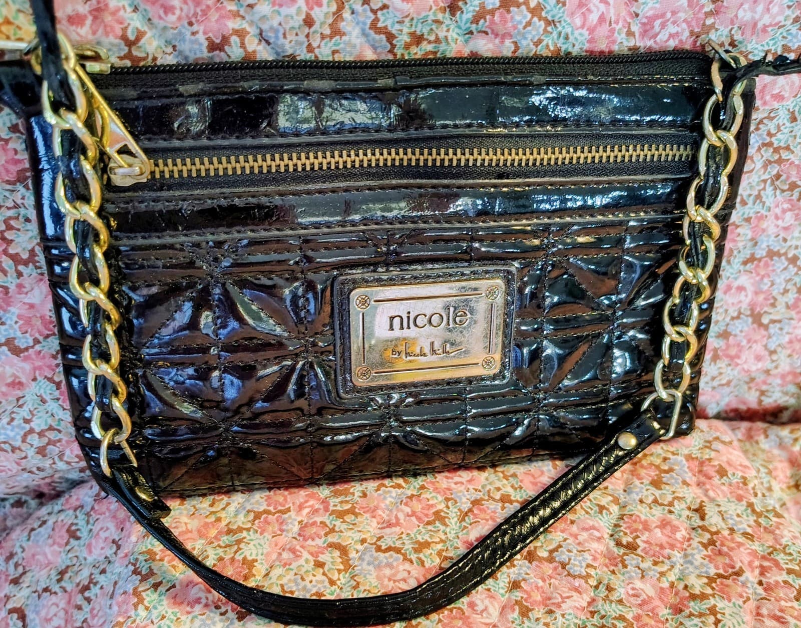 Nicole Miller Black Patent Bag Gold Chain Strap