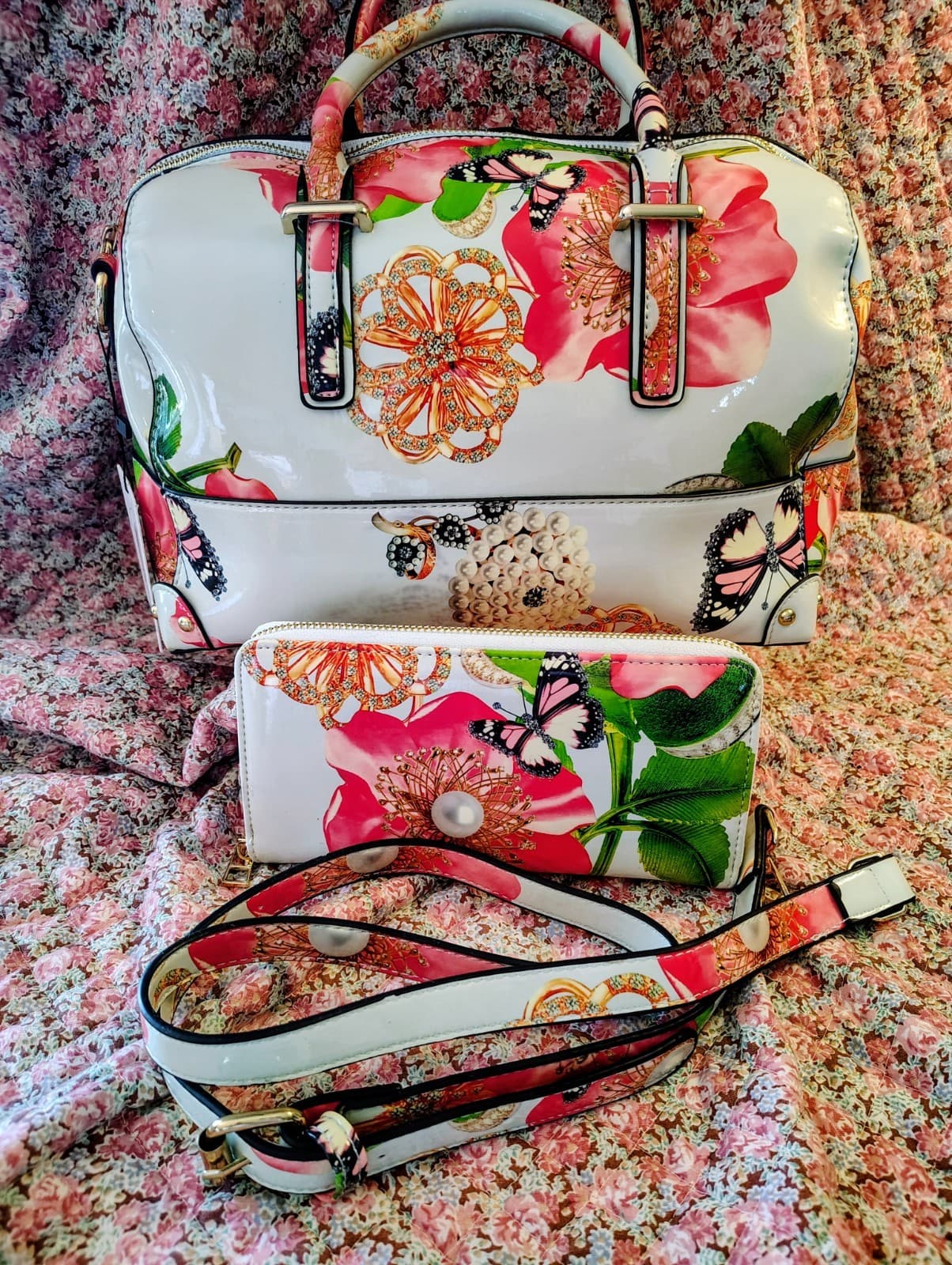 NWT Floral Satchel With Shoulder Strap And Matching Wallet