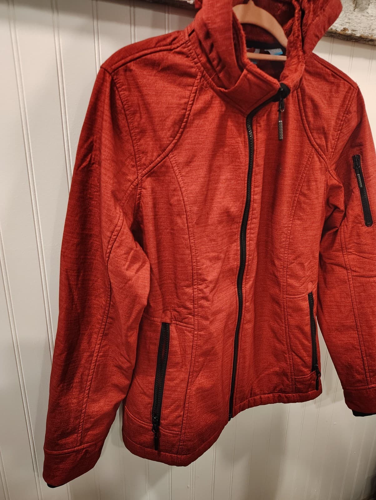 Free Country Women's Hooded Super Softshell Fall Jacket Etched Red EUC Large - Thumbnail 9