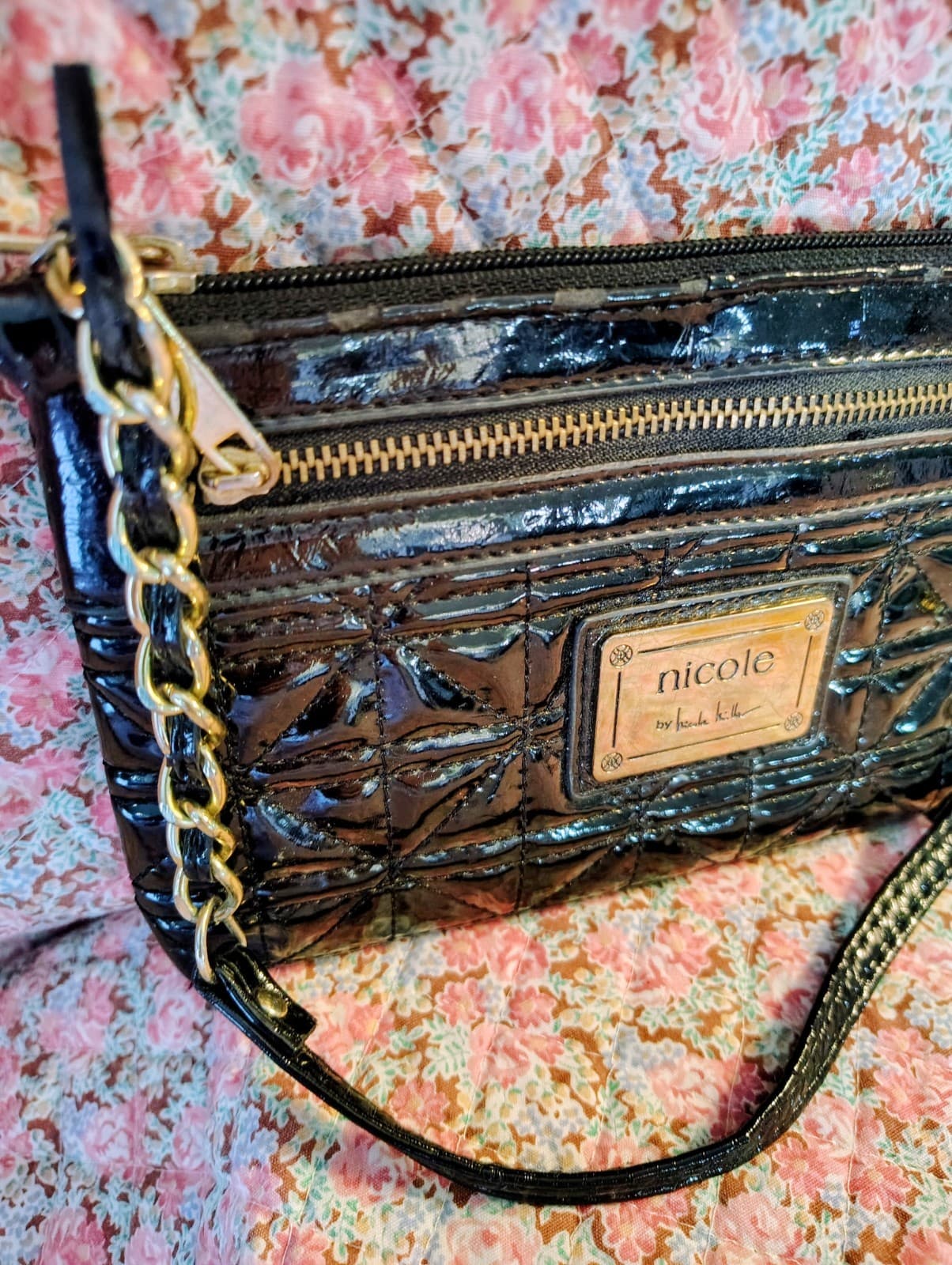 Nicole Miller Black Patent Bag Gold Chain Strap - Thumbnail 2