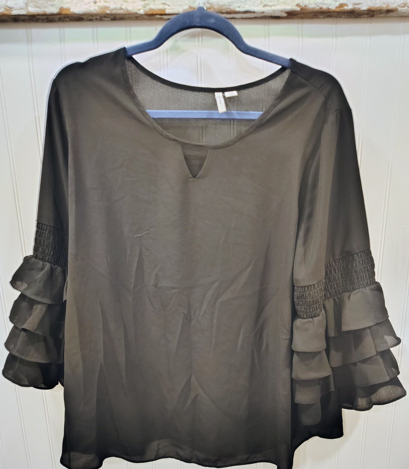 C Est 1946 Black Blouse, Tiered Ruffle Sleeve, Women's Large