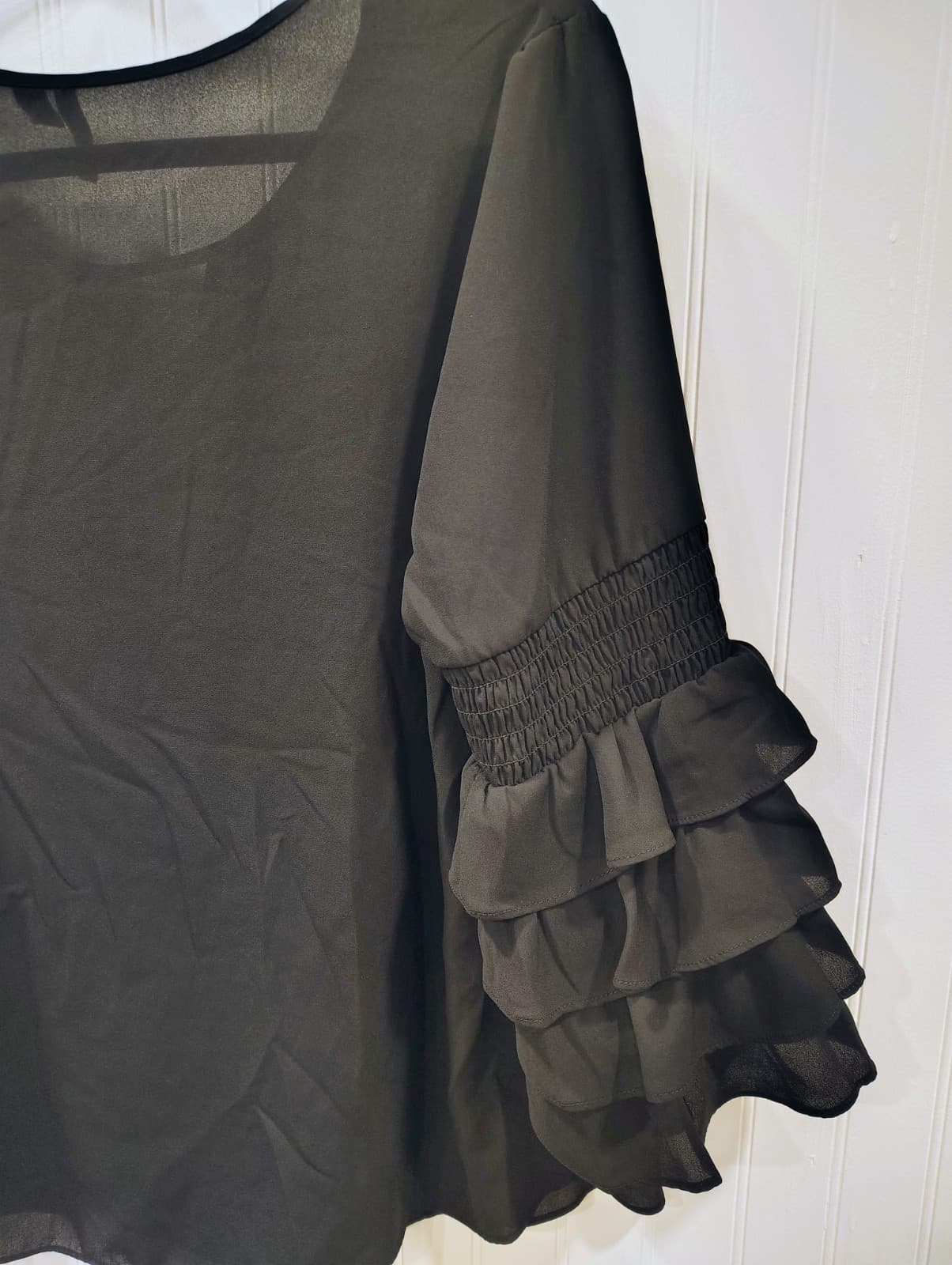 C Est 1946 Black Blouse, Tiered Ruffle Sleeve, Women's Large - Thumbnail 2