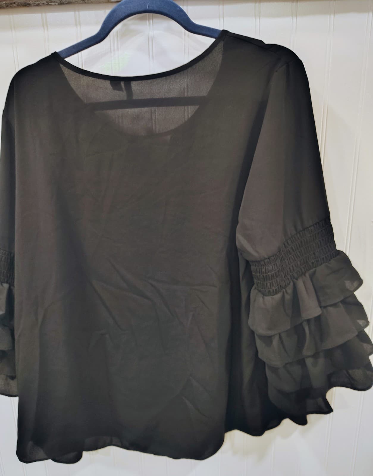 C Est 1946 Black Blouse, Tiered Ruffle Sleeve, Women's Large - Thumbnail 3