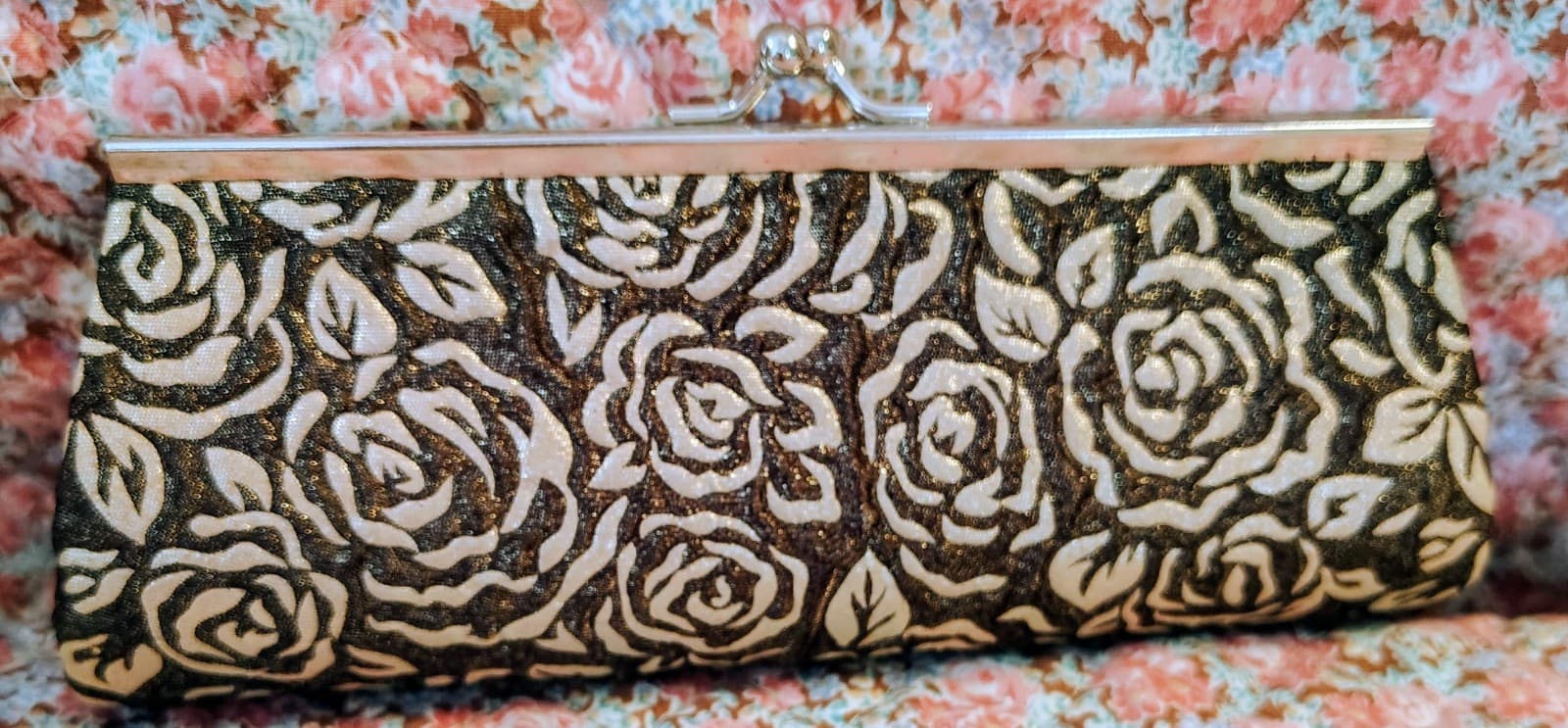 Evening Bag Black Embossed Silver Roses Silver Clasp Closure