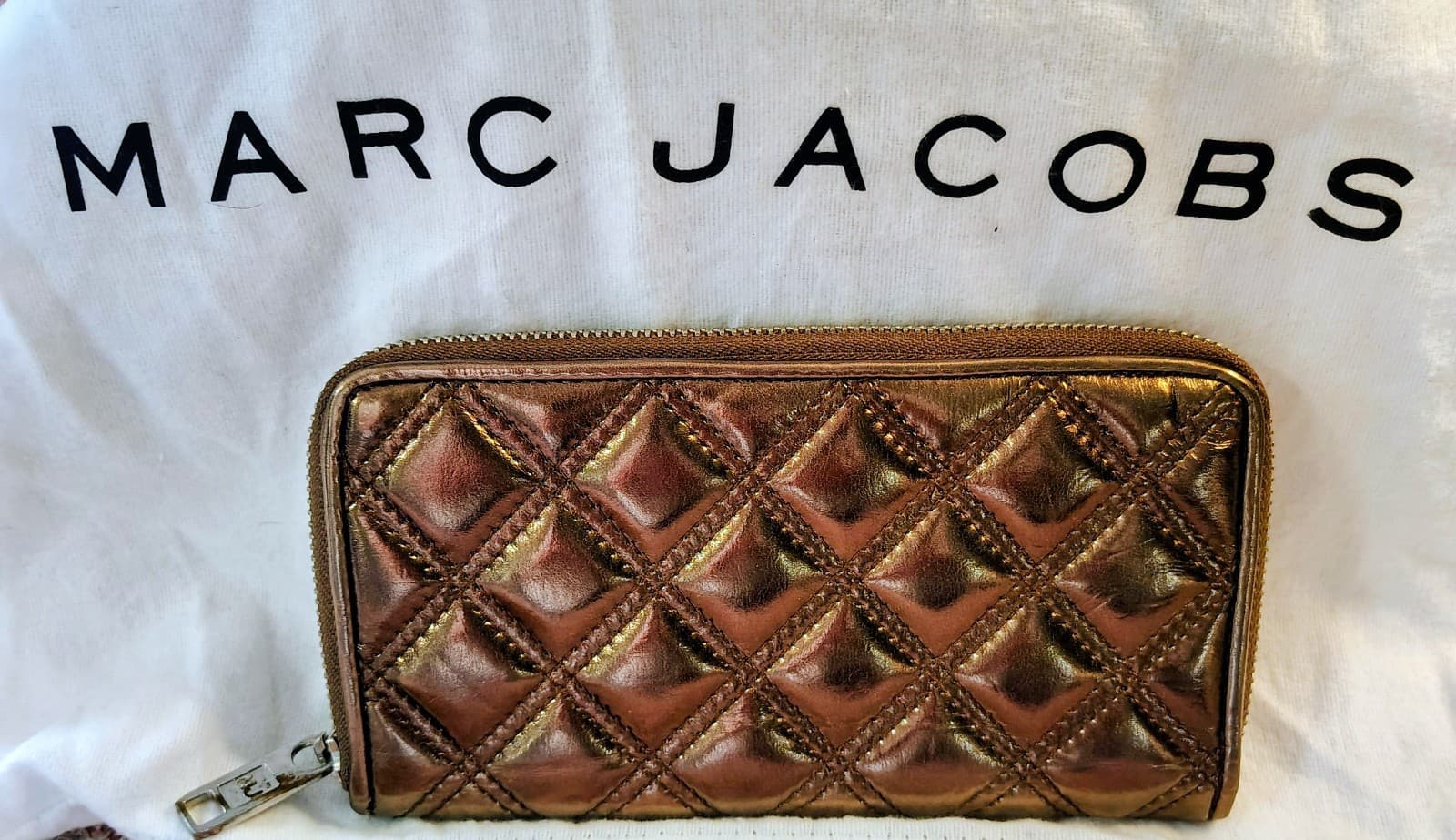 Marc Jacobs Bronze Metallic Quilted Patent Leather Wallet, White Dust Proof Bag