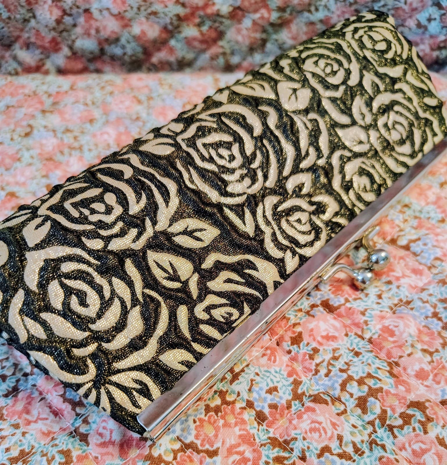 Evening Bag Black Embossed Silver Roses Silver Clasp Closure - Thumbnail 2