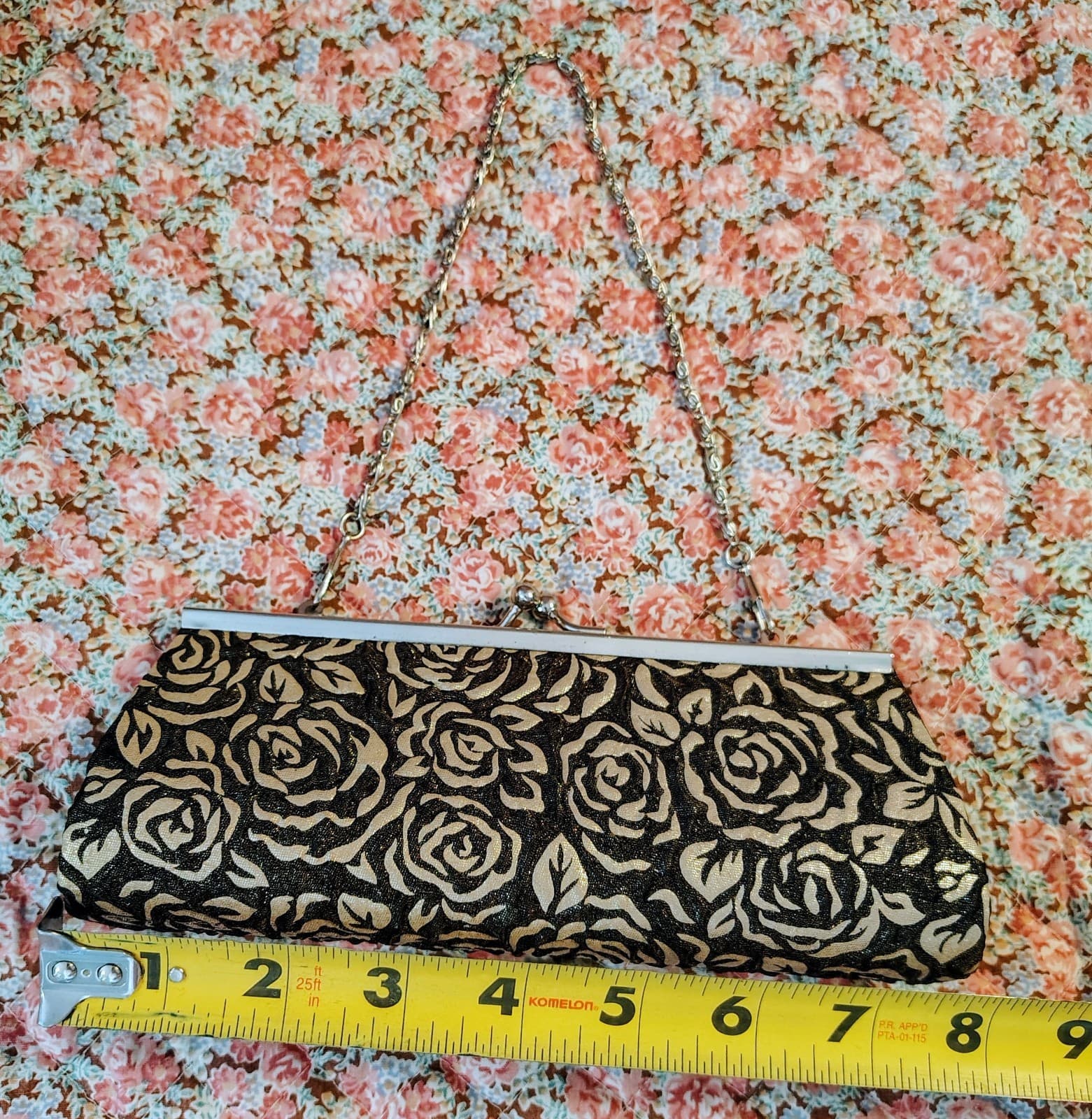 Evening Bag Black Embossed Silver Roses Silver Clasp Closure - Thumbnail 7