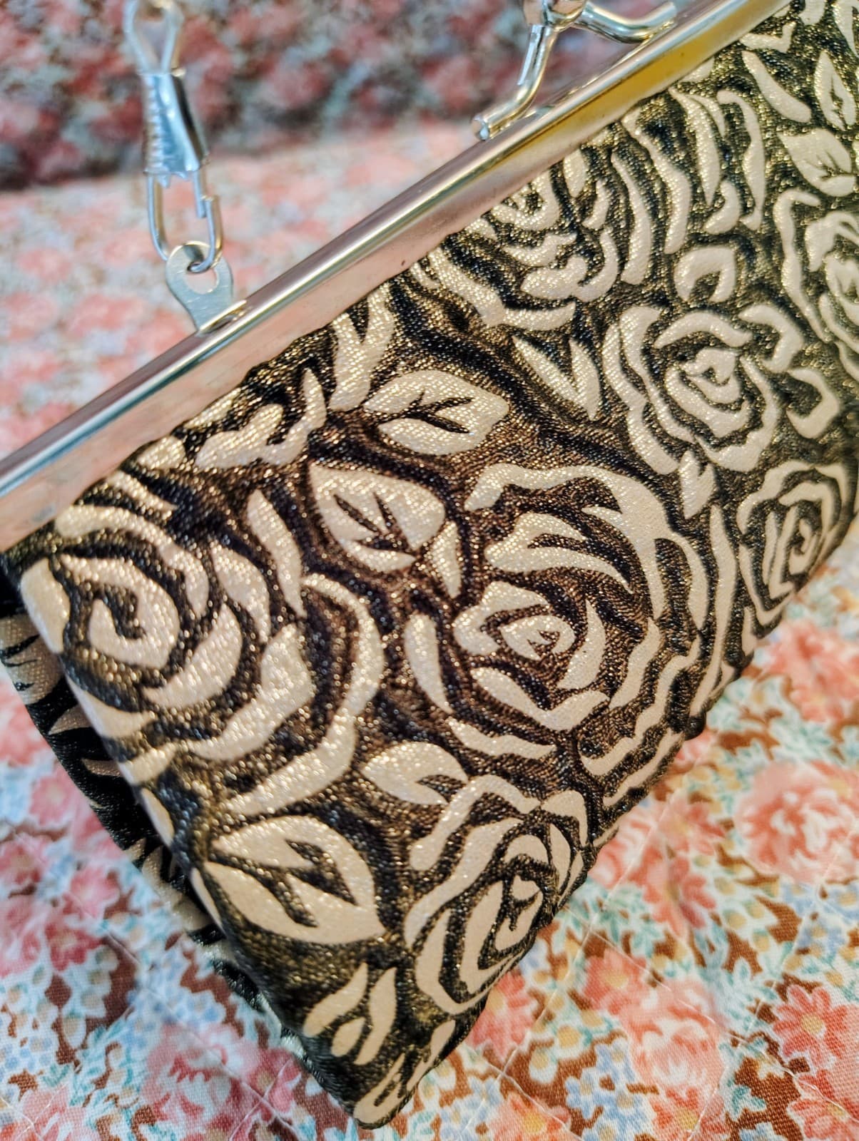 Evening Bag Black Embossed Silver Roses Silver Clasp Closure - Thumbnail 12
