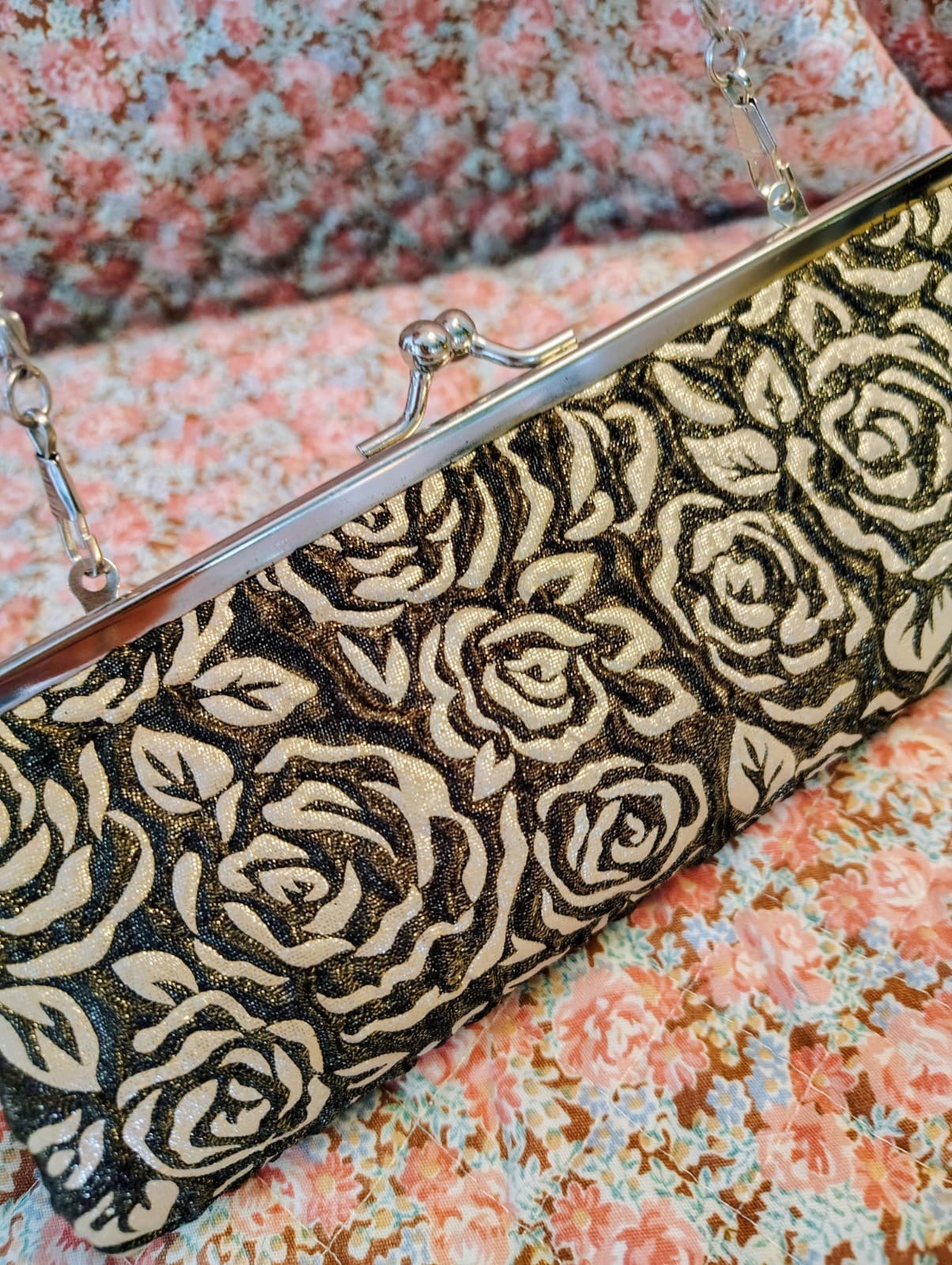 Evening Bag Black Embossed Silver Roses Silver Clasp Closure - Thumbnail 9