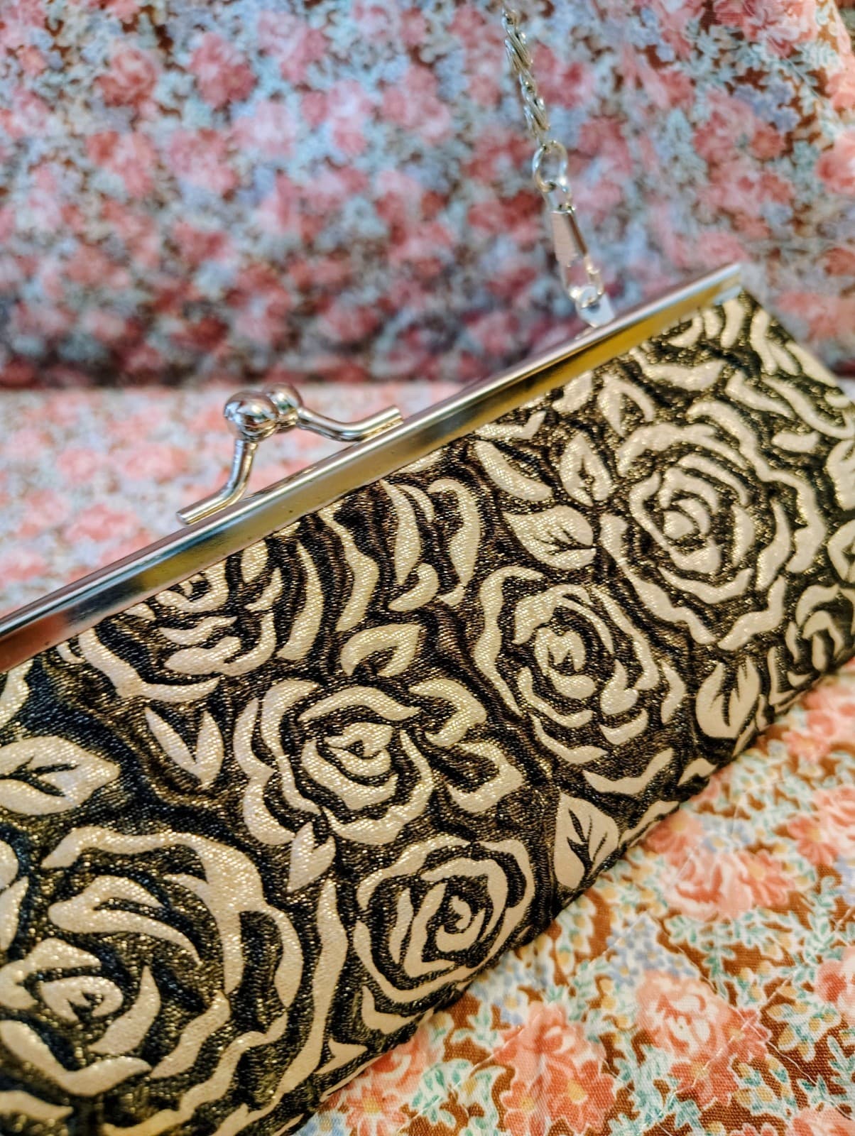 Evening Bag Black Embossed Silver Roses Silver Clasp Closure - Thumbnail 11