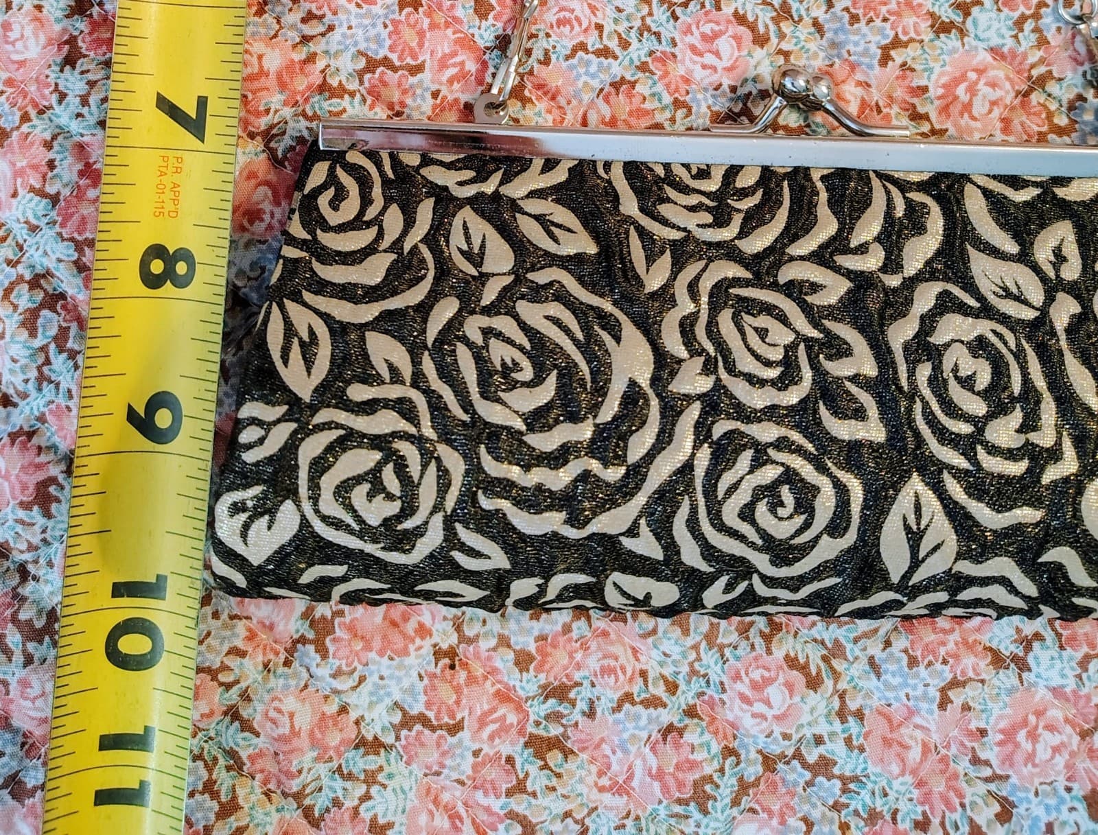 Evening Bag Black Embossed Silver Roses Silver Clasp Closure - Thumbnail 10