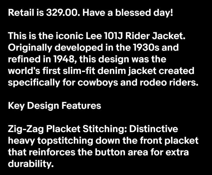 Lee Rigid Rider Twill Denim Cowboy Jacket Reissue 101-J, Small, NWT, MSRP $329 - Thumbnail 15