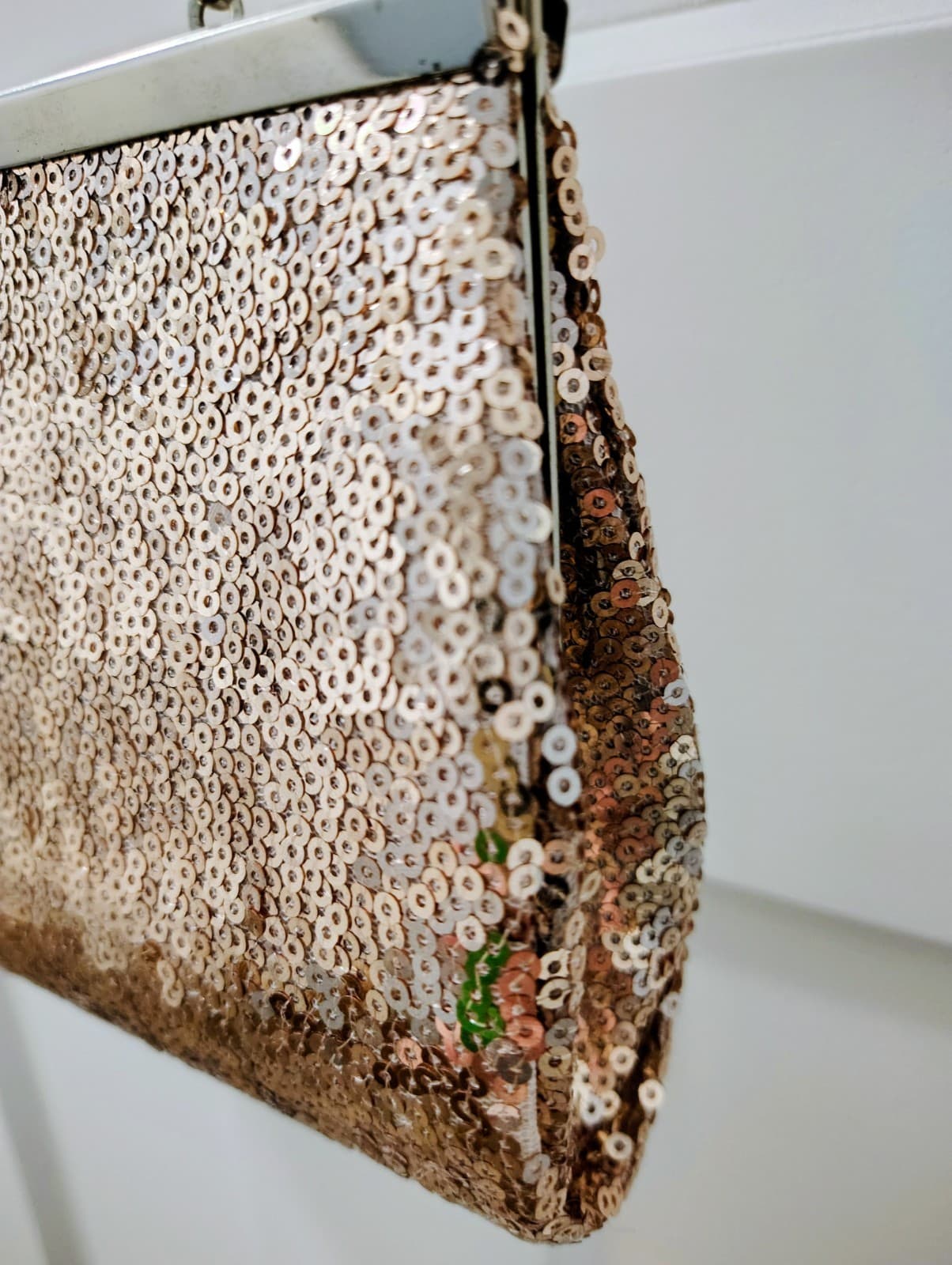 Rose Gold Glittery Evening Bag, Silver Clasp, Clutch Shoulder Chain - Thumbnail 3