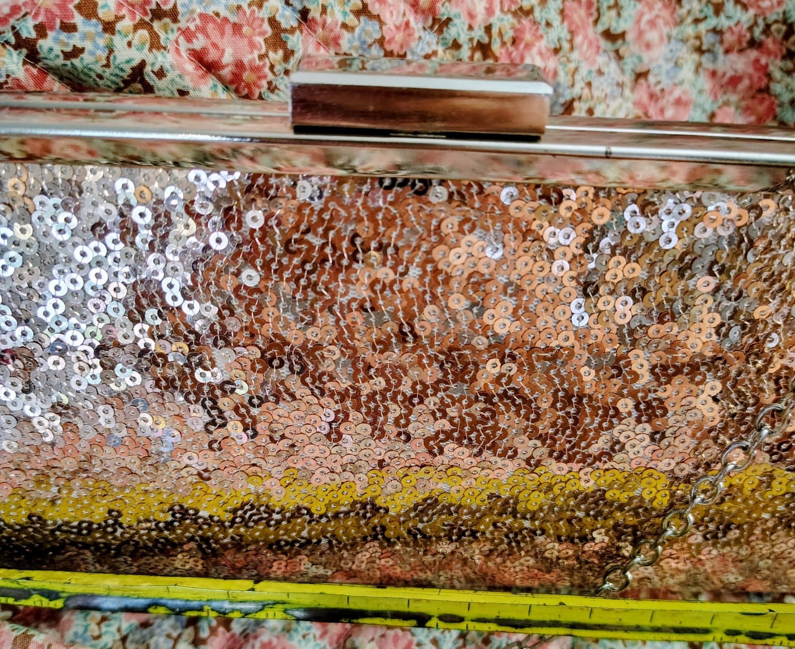 Rose Gold Glittery Evening Bag, Silver Clasp, Clutch Shoulder Chain - Thumbnail 7