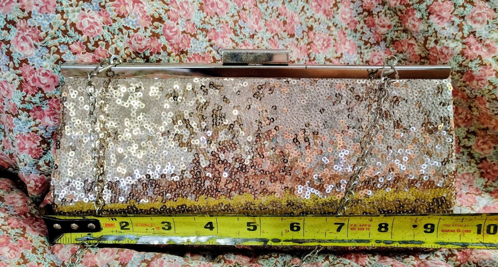 Rose Gold Glittery Evening Bag, Silver Clasp, Clutch Shoulder Chain - Thumbnail 6