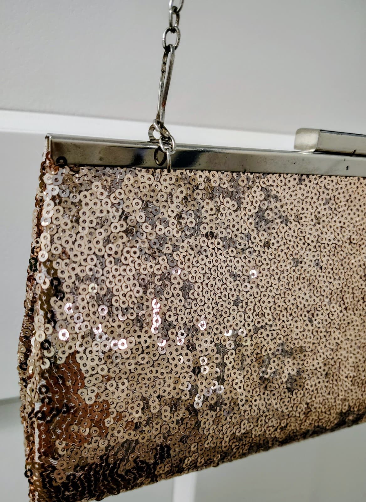 Rose Gold Glittery Evening Bag, Silver Clasp, Clutch Shoulder Chain - Thumbnail 2