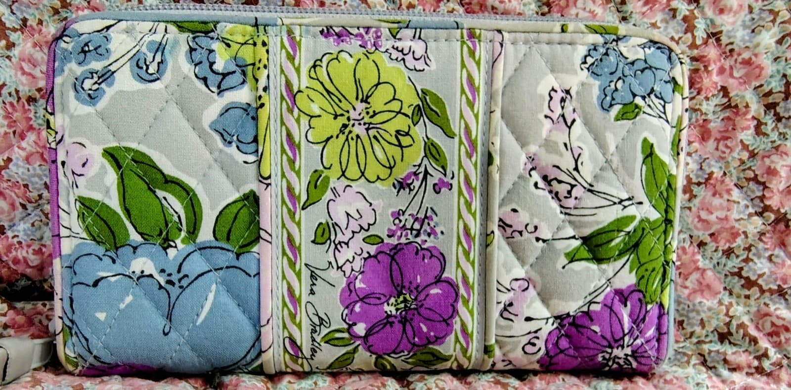 quilted cotton Vera Bradley wallet, gray floral pattern