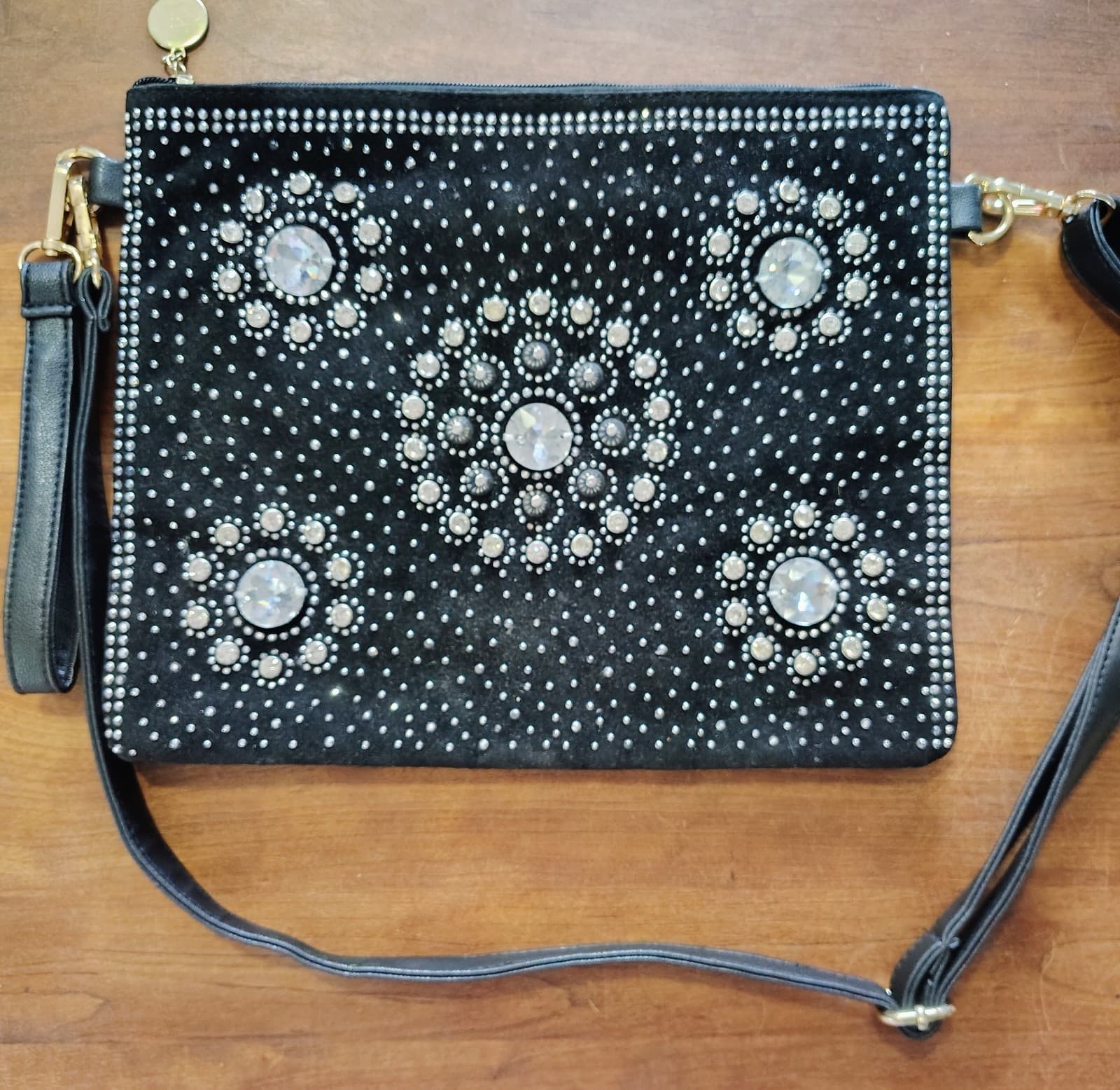 Black Rhinestones Woven Faux Leather Crossbody Clutch Bag - Thumbnail 13