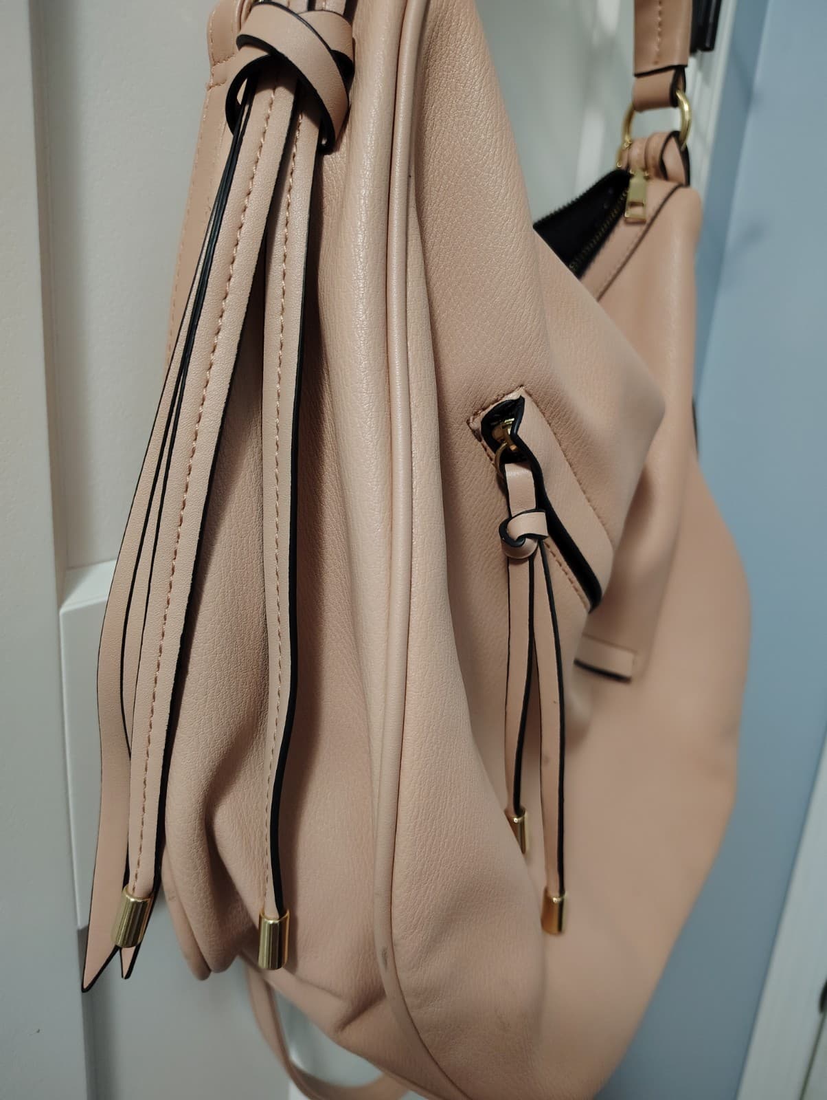 Dusty Rose Pink Faux Leather Hobo Shoulder Bag - Thumbnail 8
