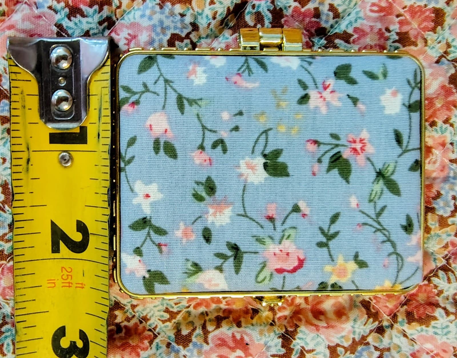 NEW Fabric Clasp Case Blue Floral Gold Pocket Mirror Trinket - Thumbnail 7