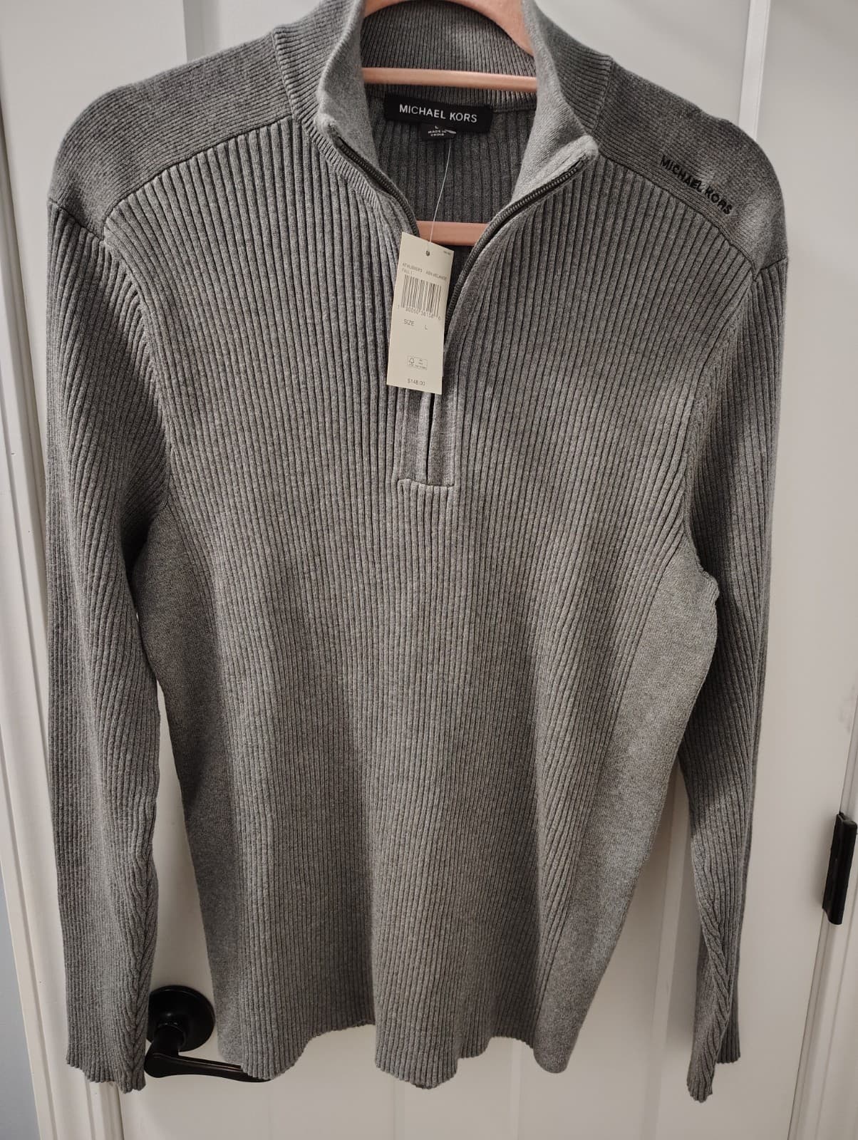 NEW Michael Kors Quarter-Zip Mens XL Gray Pullover Sweater Logo Long Sleeve - Thumbnail 3