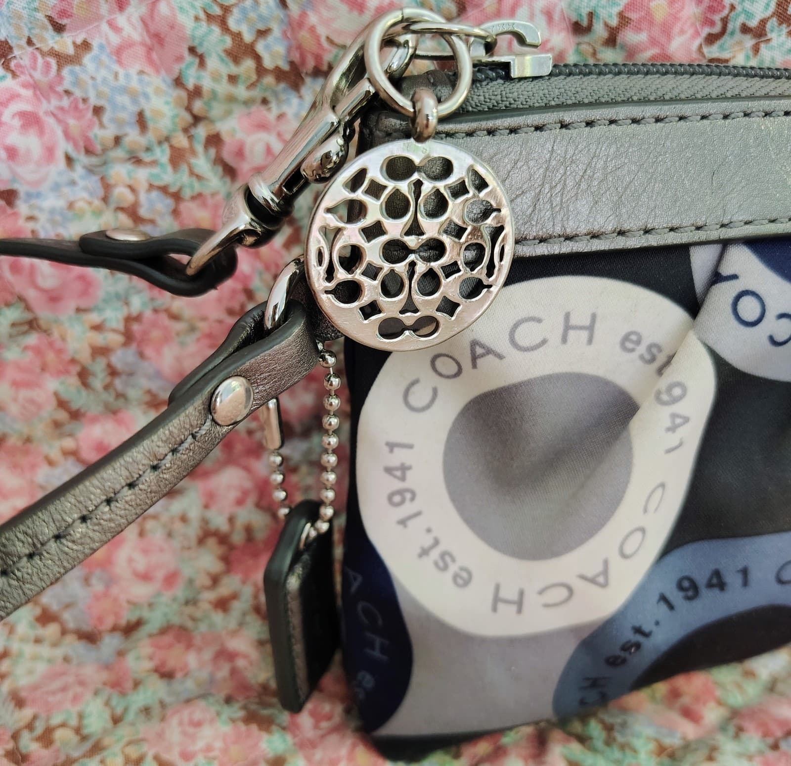 Coach Blue Gray Logo Wristlet Silver Leather And Charm - Thumbnail 2