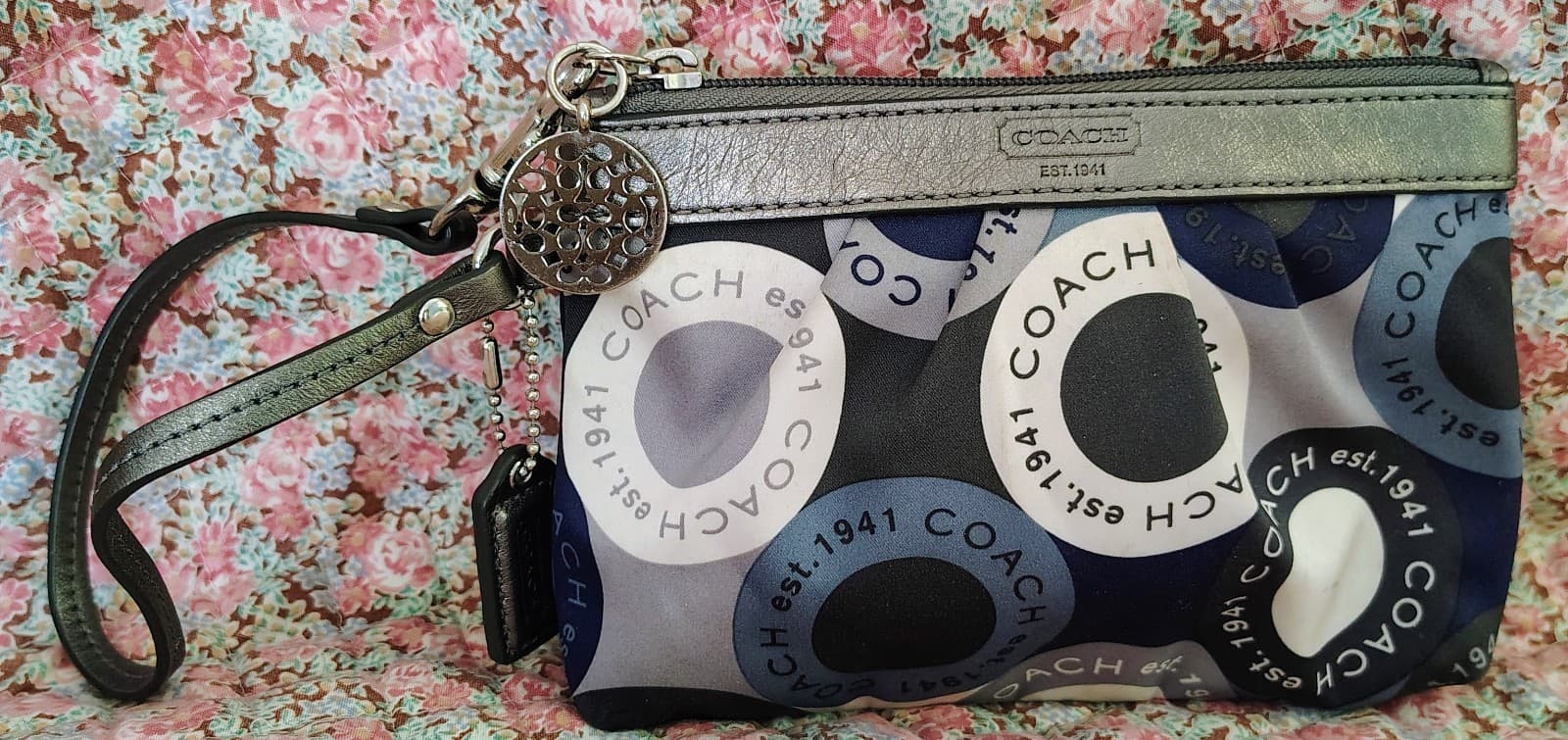 Coach Blue Gray Logo Wristlet Silver Leather And Charm