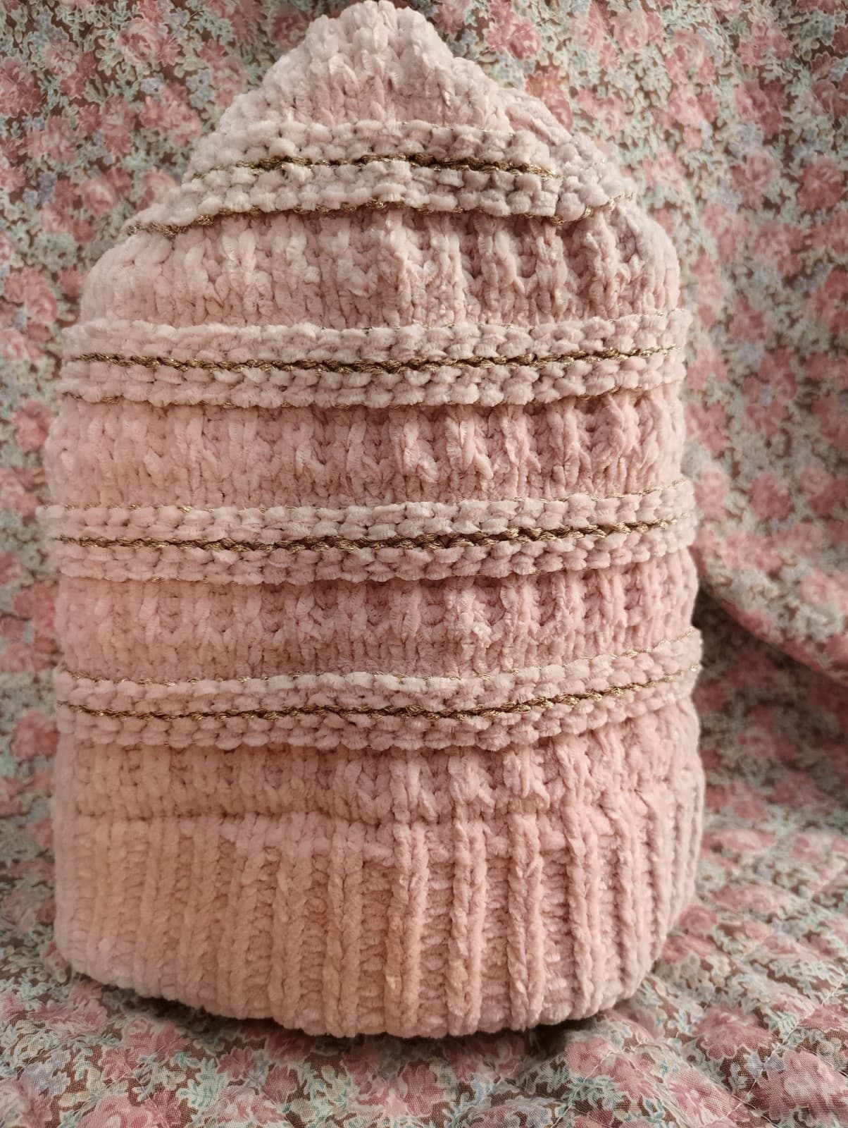 Knitted Pink Rose And Gold Beanie Hat - Thumbnail 6
