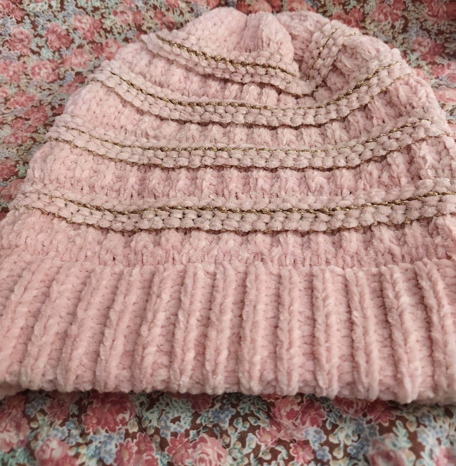 Knitted Pink Rose And Gold Beanie Hat - Thumbnail 2